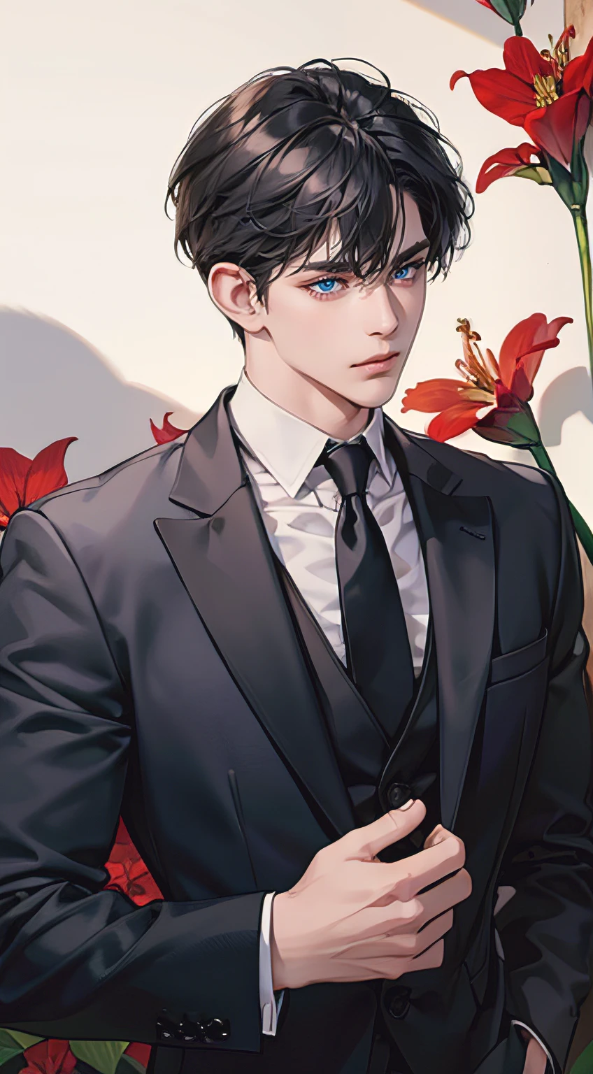 ((masterpiece)),(((best quality))), (detailed light) (detailed shadow), (high quality, breathtaking),(expressive eyes, perfect face), 1man, solo, male, tall, (mature), board shoulder, muscular, short black Quiff hair with Soft Fringe (bangs part on side 3:7 ratio), blue eyes, no smiling, black suit, black tie, Amaryllis flower background, flower petal flying, windy, look at viewer