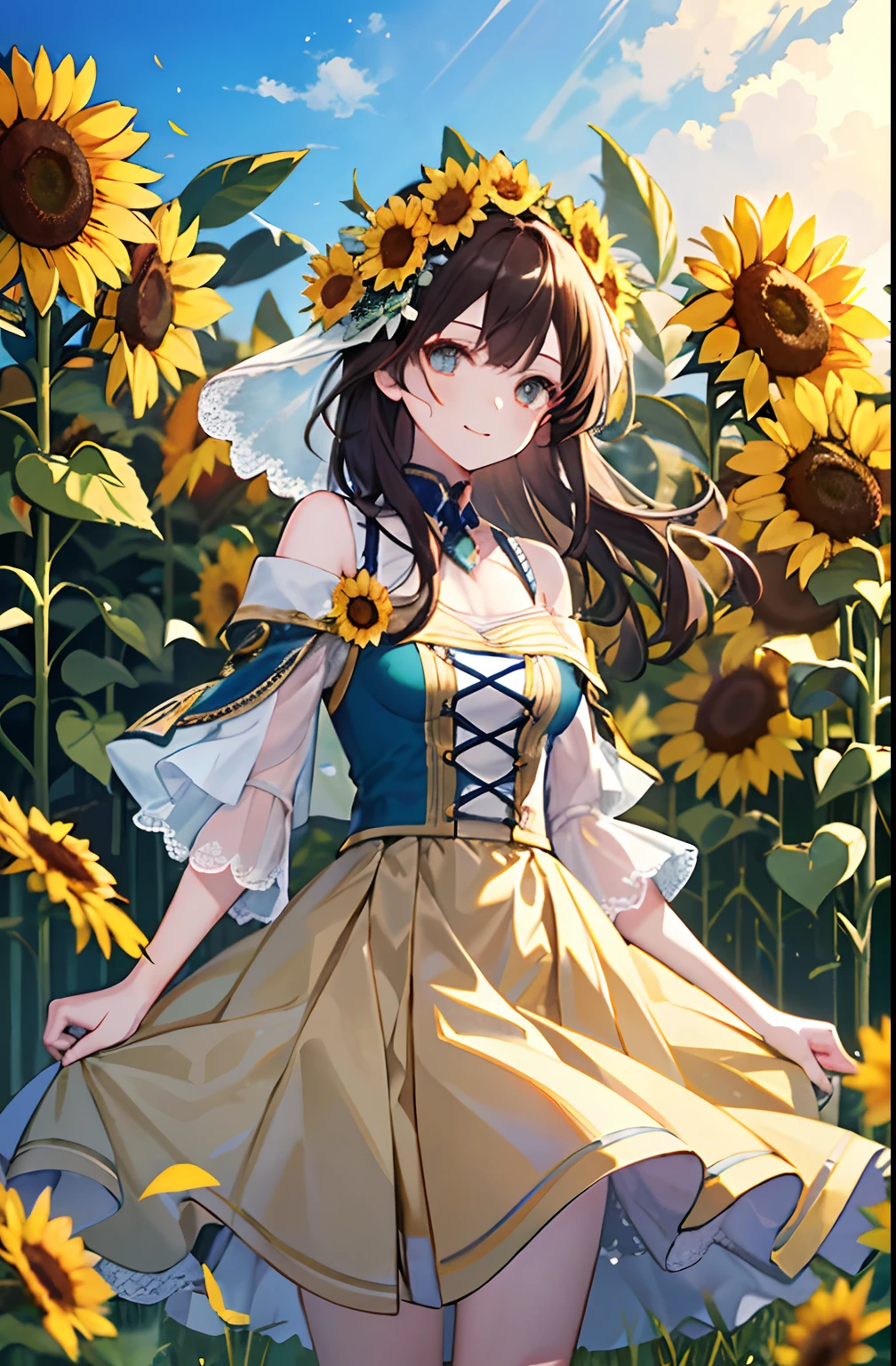 (tmasterpiece、top-quality、illustratio、Extremely high quality、high-level image quality、Extremely sensitive writing),(The upper part of the body),(and the sun was shining brightly),(Cinematic lighting effects),(hyper HD),Bright,dream magical,Girl with long brown hair standing in a green field、A slight smile、She has a large bouquet of sunflower flowers、Cute national costume style dress,There are ruffles on the shoulders、Hair fluttering in the wind