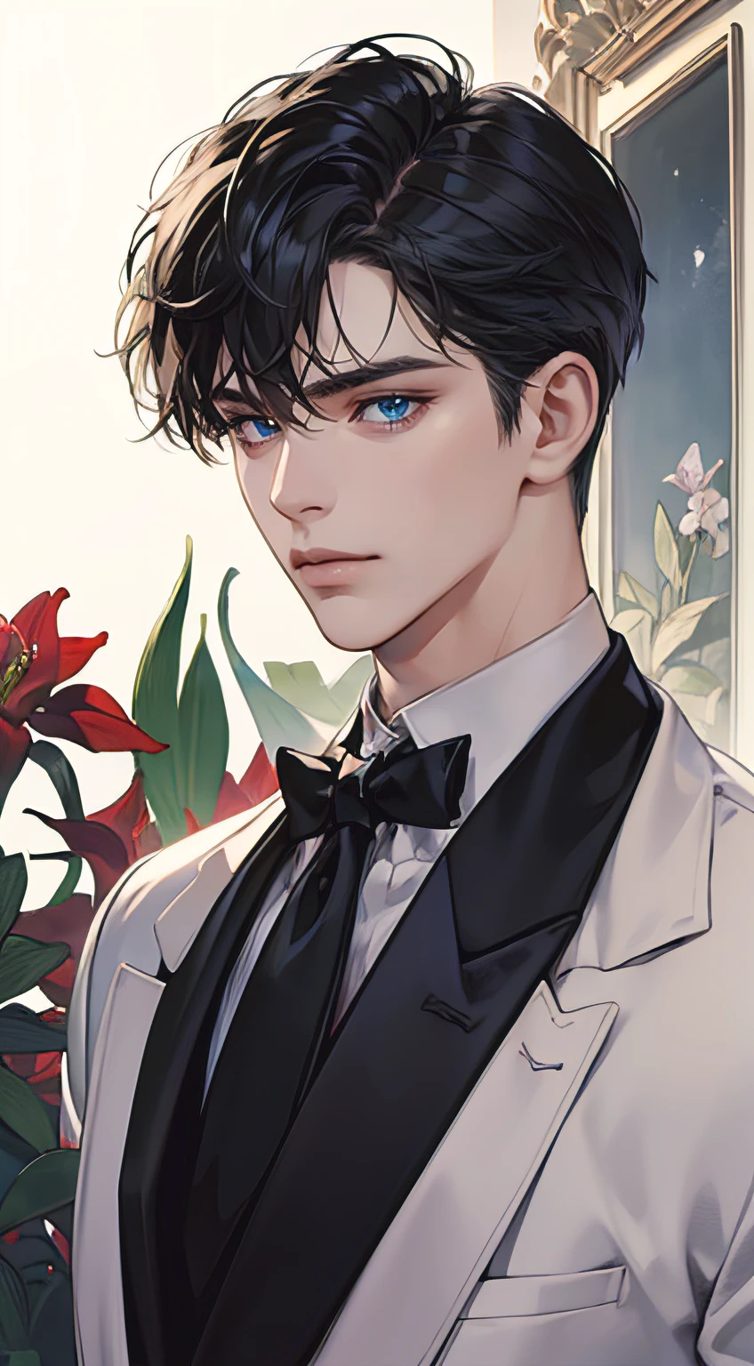 ((masterpiece)),(((best quality))), (detailed light) (detailed shadow), (high quality, breathtaking),(expressive eyes, perfect face), 1man, solo, male, tall, (mature), board shoulder, muscular, short black Quiff hair with Soft Fringe (bangs part on side 3:7 ratio), blue eyes, no smiling, tuxedo, black tie, Amaryllis flower background, look at viewer