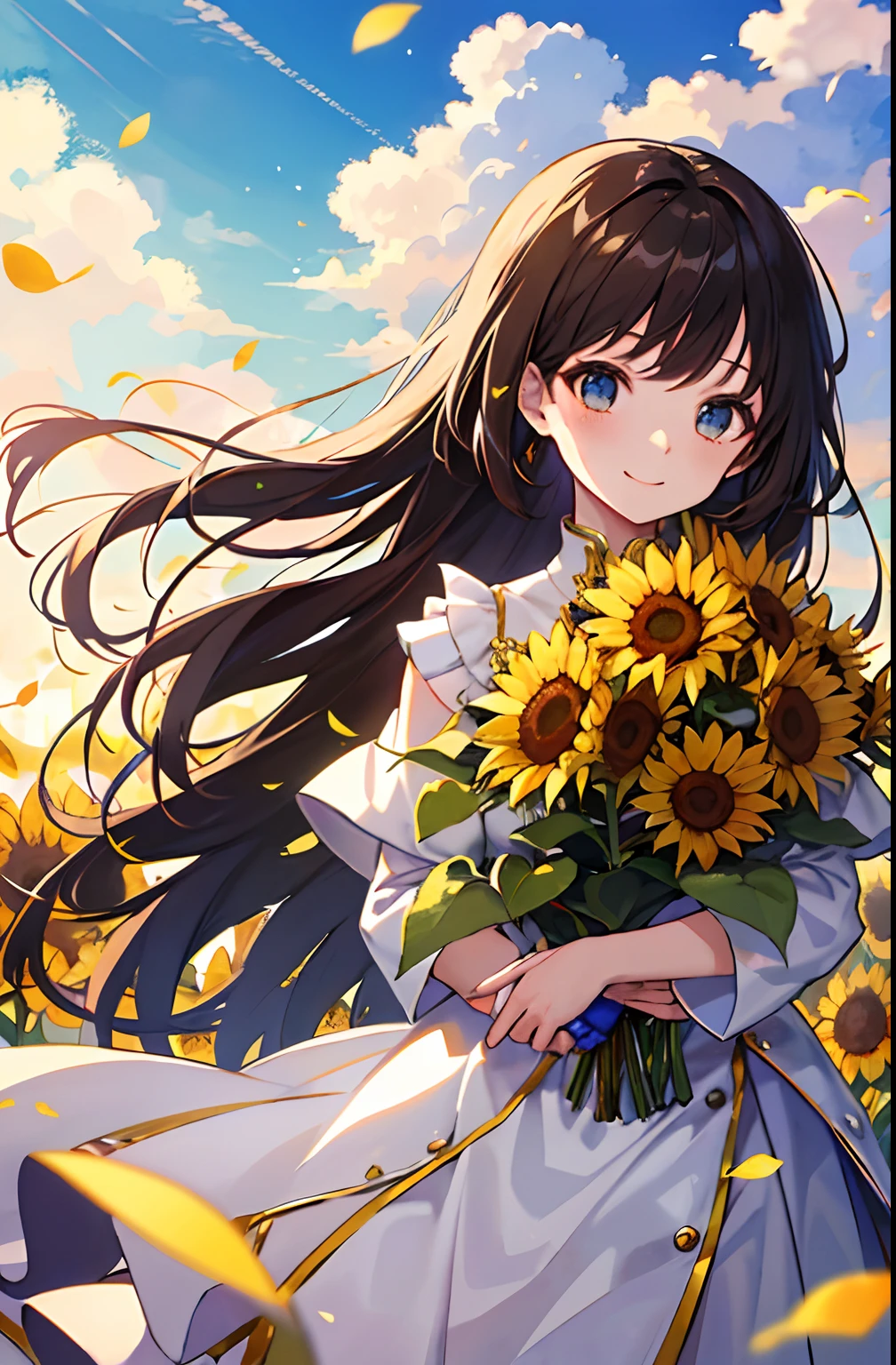 (tmasterpiece、top-quality、illustratio、Extremely high quality、high-level image quality、Extremely sensitive writing)(The upper part of the body)(and the sun was shining brightly)bright,dream magical,Girl with long brown hair standing in beautiful field of sunflowers、A slight smile、She has a large bouquet of sunflower flowers、Cute national costume style dress,There are ruffles on the shoulders、Hair fluttering in the wind