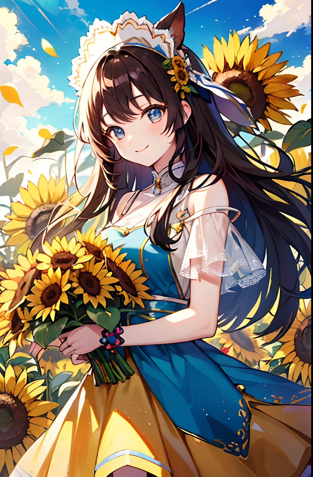 (tmasterpiece、top-quality、illustratio、Extremely high quality、high-level image quality、Extremely sensitive writing)(The upper part of the body)(and the sun was shining brightly)bright,dream magical,Girl with long brown hair standing in beautiful field of sunflowers、A slight smile、She has a large bouquet of sunflower flowers、Cute national costume style dress,There are ruffles on the shoulders、Hair fluttering in the wind