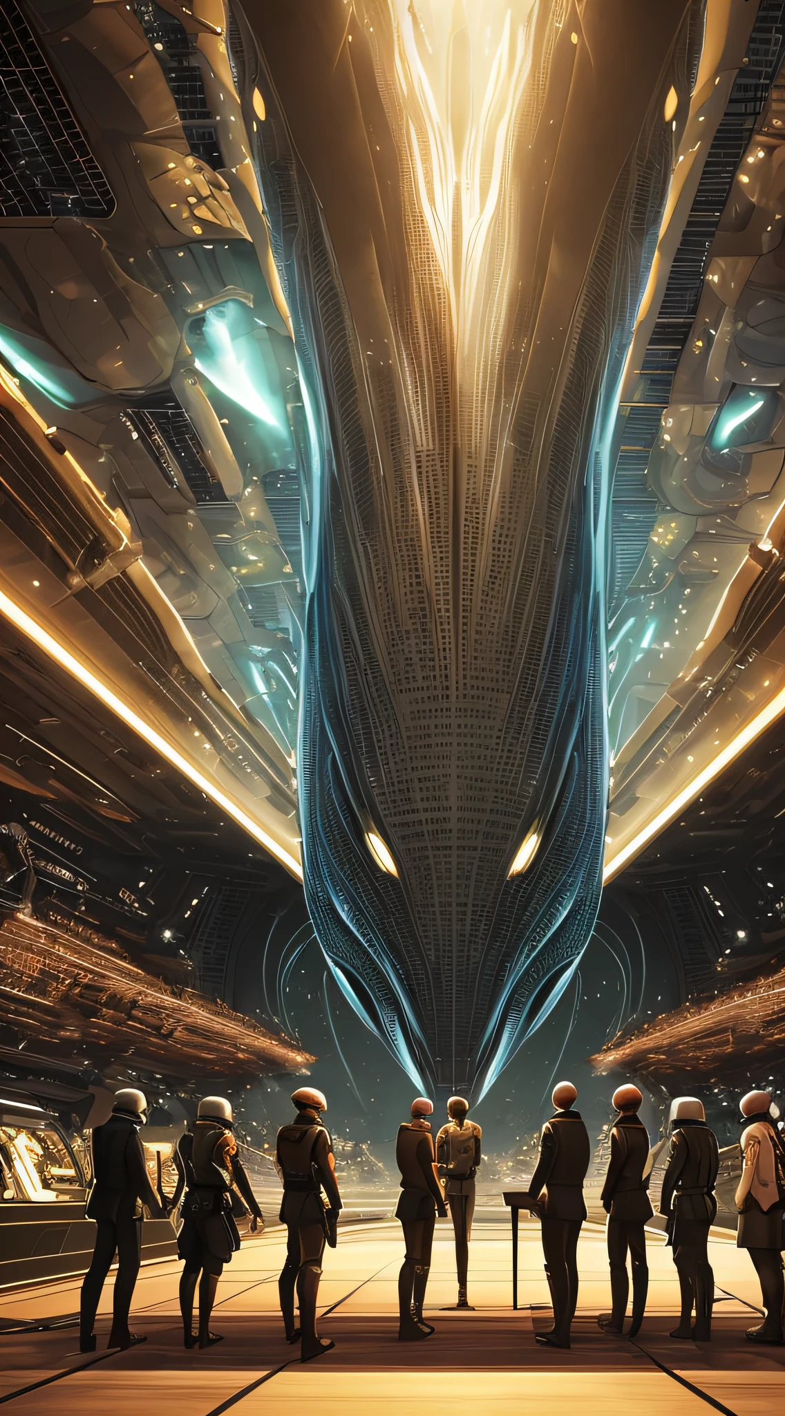 Generate an image of aliens and humans negotiating a pact.