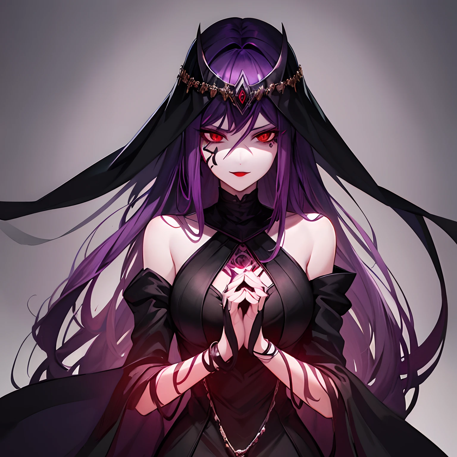 Woman, long dark purple hair, red eyes with a bright light, black long dress, witch, silver jewelry in the shape of ribs, metal mask on half of the face, snake tattoo, dark background, black lipstick