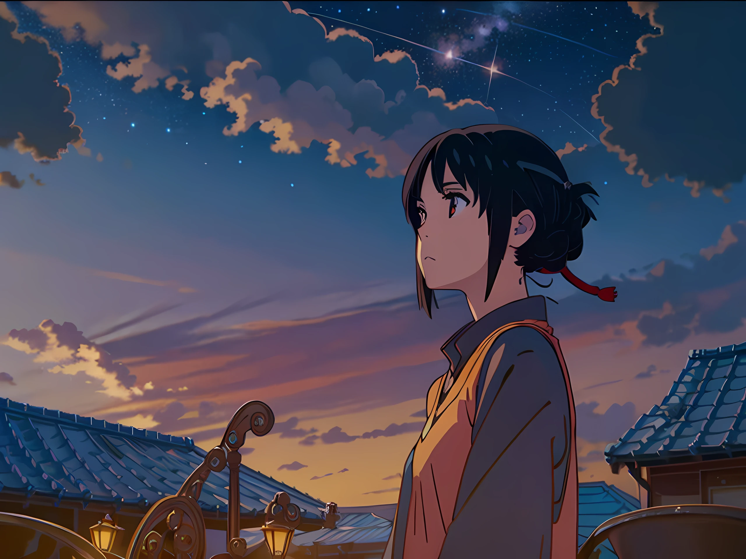 1 girl,octans, sky, star (sky), scenery, starry sky, night, 1girl, night sky, solo, outdoors, building, cloud, milky way, sitting, tree, long hair, city, silhouette, cityscape, looking at sky, 8k, beautiful night sky, ray tracing, masterpiece, cute face