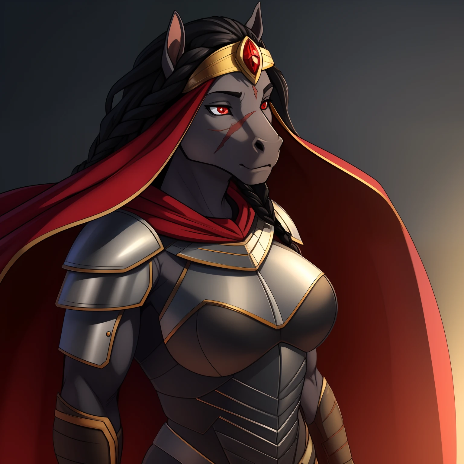 Lanky_muscular_mature_horse female black_hair short_braided_wavy_hair charcoal_gray_furry_body red_eyes slit_pupils scarred_body heavy_plate_armor thick_circlet red_fur_cape solo Masterpiece best_quality absurdres highly_detailed cleanly_drawn_eyes anthro_only by_claweddrip, by_greasymojo, by_underscore-b, by_runawaystride