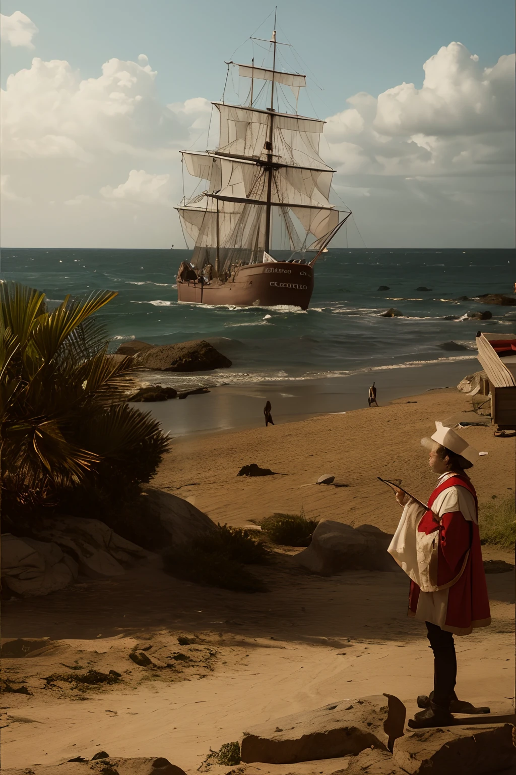 Christopher Columbus in front of the camera set foot on the shores of the New World for the first time.