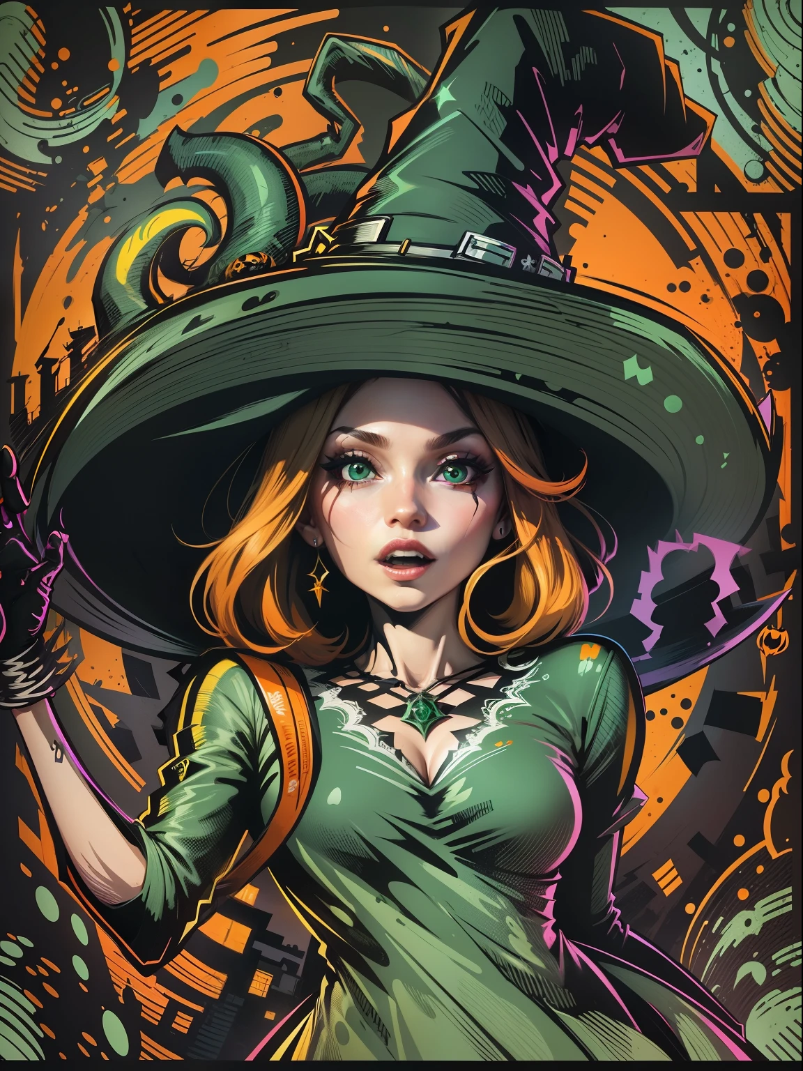 Vector t-shirt, Print-ready colorful graffiti, Illustration of a beautiful women kind of Halloween witch, wearing a big witch hat and Emerald dress, action shot, Halloween, high detail, black background