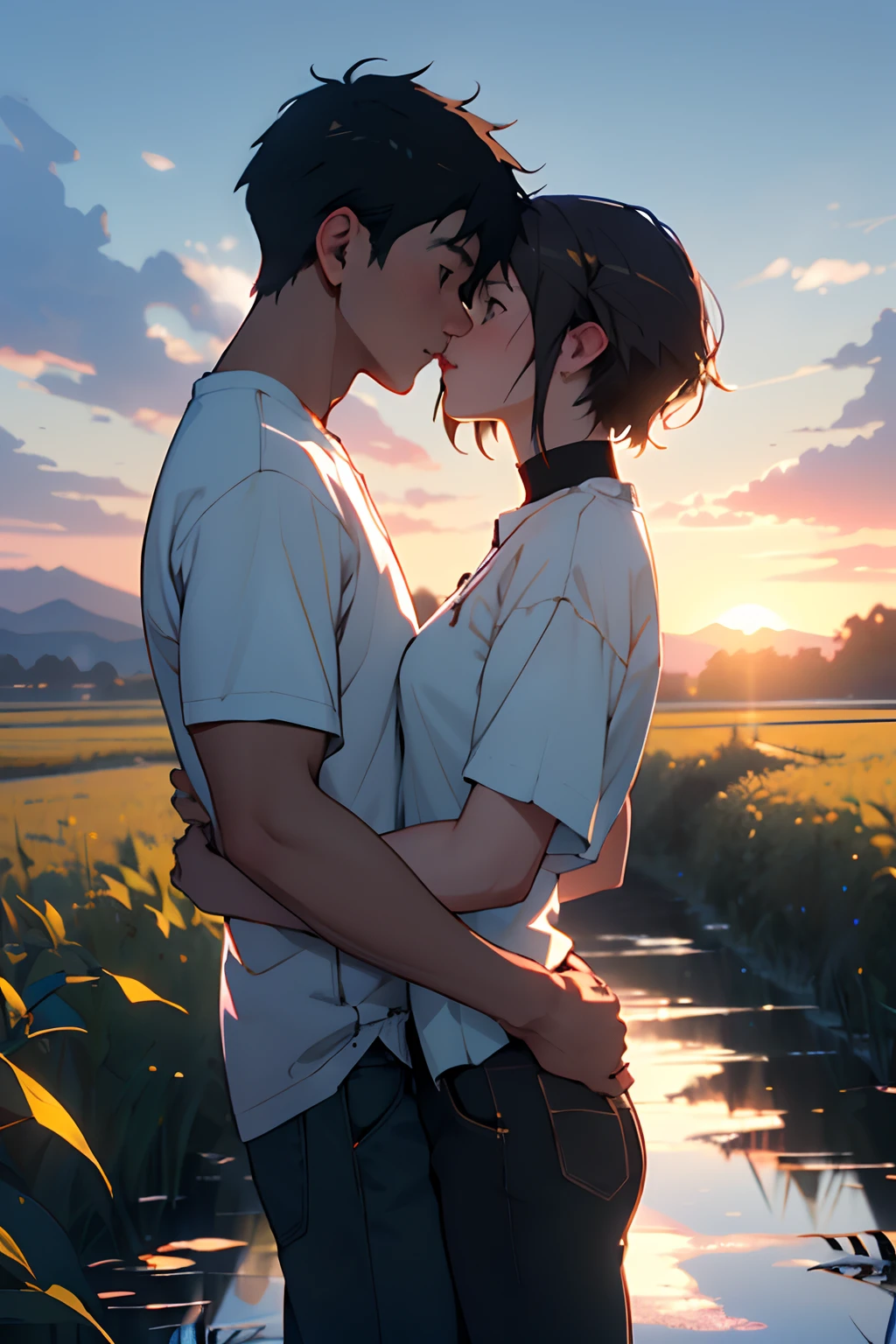 Anime couple walking in the field, (boy + girl), watery big eyes, (delicate and beautiful facial features), is the ultimate gentle beauty, the romantic atmosphere is very strong, the two (hand in hand) walking head-on, (from far and near), (facing the audience), (character shot close-up)), the boy looks at the girl affectionately and tenderly, ((behind is a beautiful sunset)), (girl white shirt with red skirt), (boy white T-shirt with black pants), exquisite clothing, beautiful, delicate, beautiful, Charming and moving, girl hair coiled behind her head, (coiled hair), messy bangs, big watery eyes, light brown eyes, fields dominated by (((amber)) and golden yellow, official art, guweiz and Makoto Shinkai, by Hiroshi Yamagata, Sakimichan and Makoto Shinkai, by Nobuta Yanagawa, style in Ghibli animation style, fiona staples and Makoto Shinkai, style by Makoto Shinkai, masterpiece, master painting, HD, 8K resolution, ( boy and girl kissing), liplock, smooch, kissing hard, ( girl hands on boys neck, coming close , lip to lip connect , )