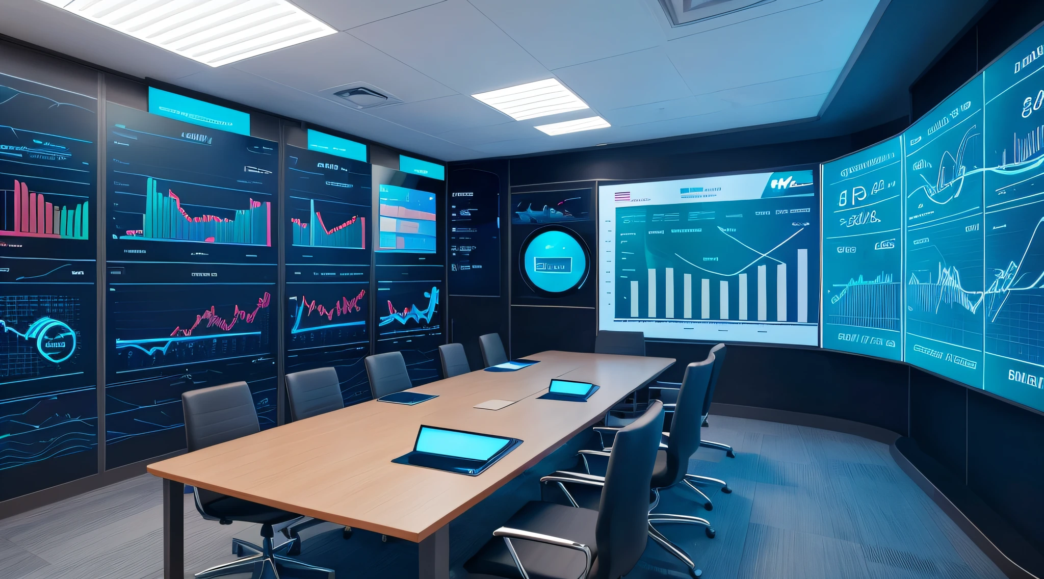room with futuristic olographic panels, Showing charts and financial data, ultrarrealista, 8k, Kinematic.