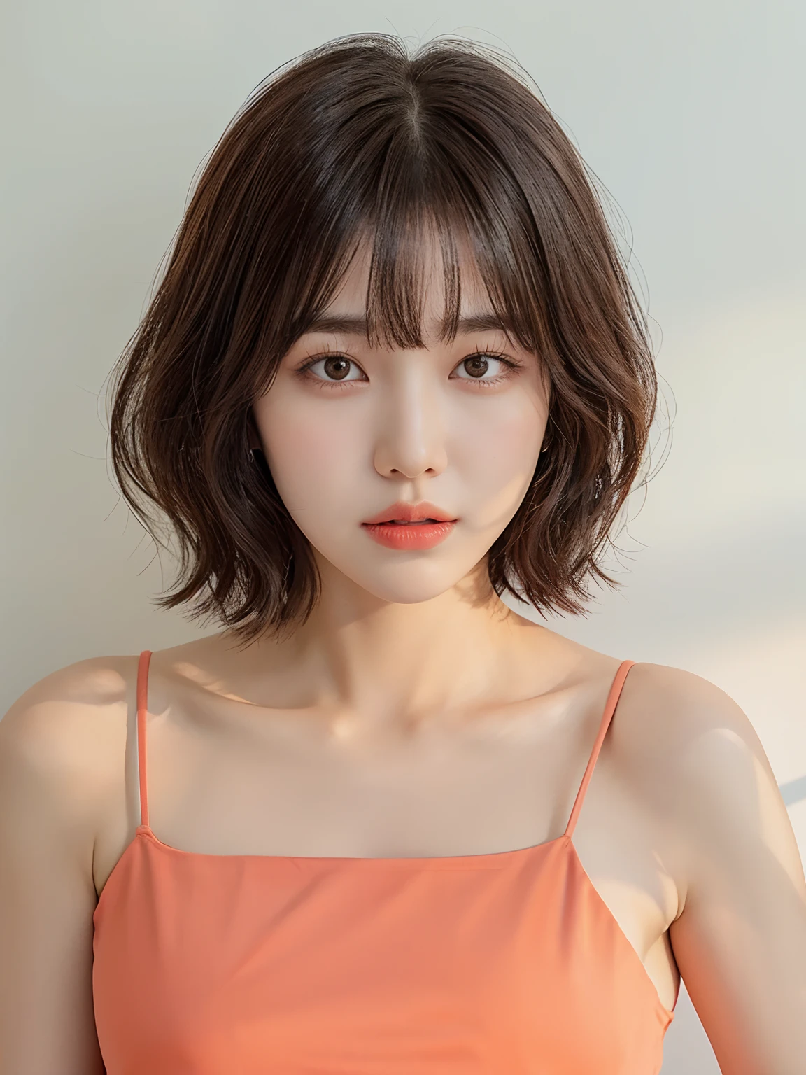 Close-up of a woman wearing a sleeveless shirt and short hair, with short hair, with short hair with bangs, korean symmetrical face, short brown hair with bangs, sonyoonjoo, beautiful south korean woman, neat hair with bangs, Korean Girl, Izzy-silver(Lee Ji - Eun), Lee Ji-eun, Centrally split bangs, Beautiful young korean woman, Korean Woman