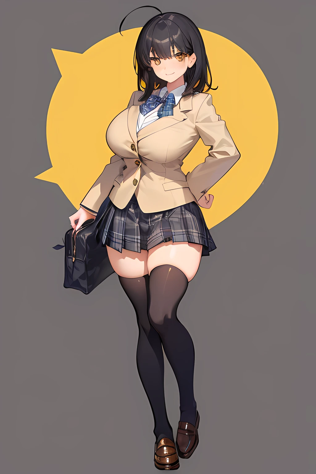 1girl, huge breasts, black hair, medium hair, bangs, ahoge, yellow eyes, school uniform, blazer, plaid skirt, thighhighs, shoes, smile, zettai ryouiki, full body, simple background