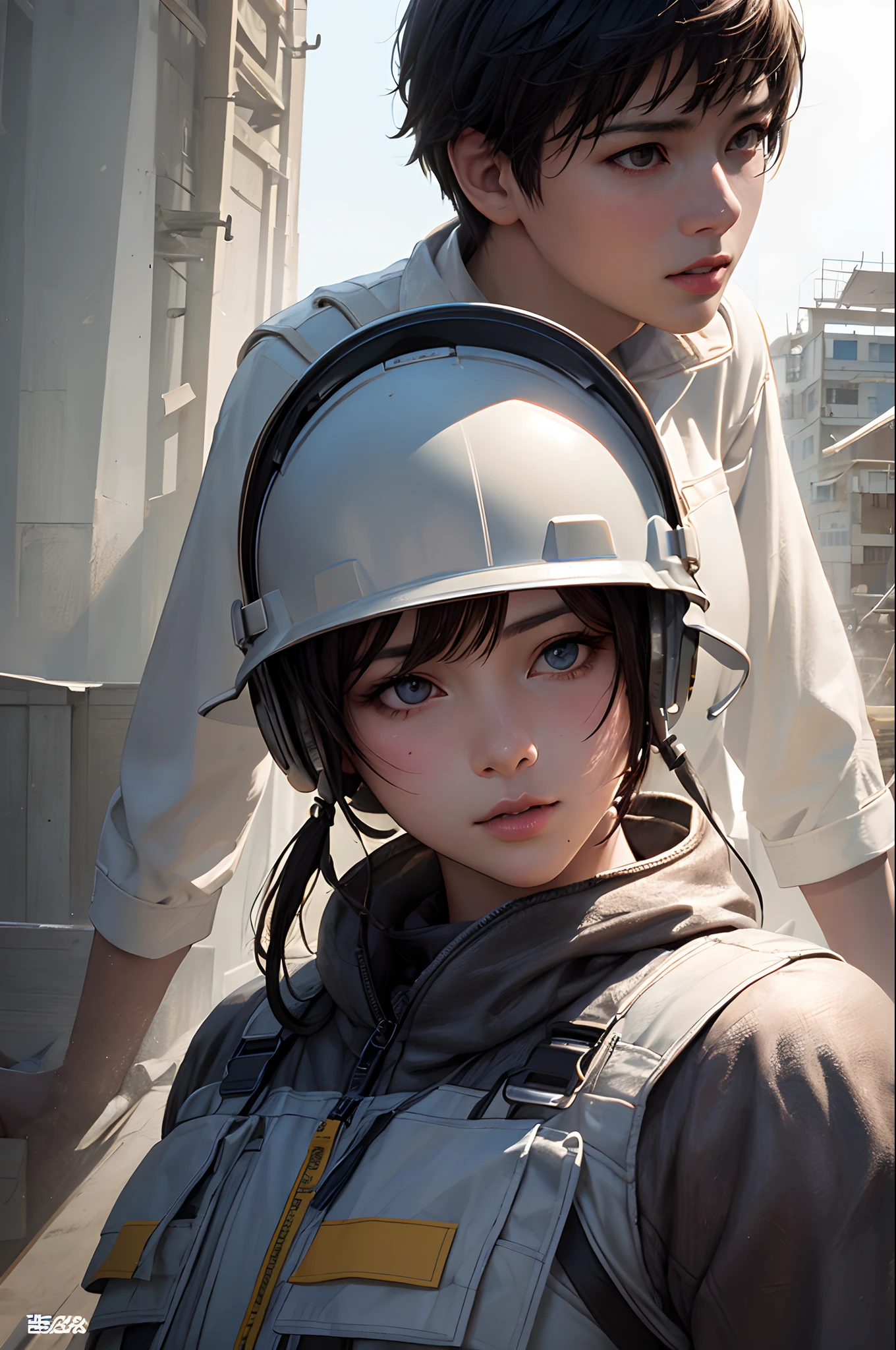 {“query”: "Two people"}、((Realistic lighting、top-quality、2K、tmasterpiece:1.3))、Shooting from front、Focus:1.2、1 girl and 1 boy、engineer、largeeyes、brunette、White helmet on a construction site