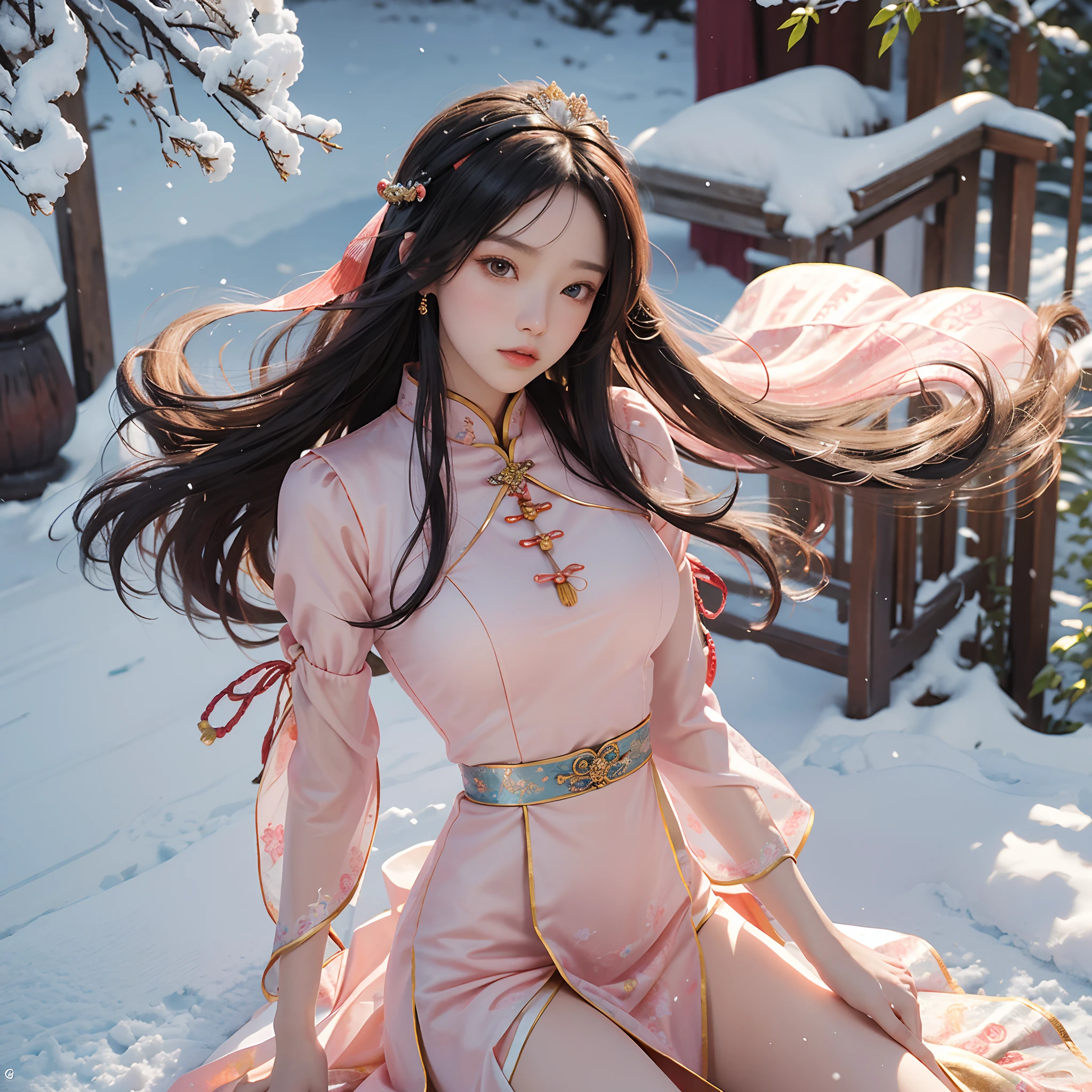 (Absurd, A high resolution, hyper-detailing), 1girll, Tik, big breasts thin waist, Slender legs, (Very long hair, multicolored hair, Wearing antique Chinese tiara), floating dress, Thin fabric, TRADITIONAL CHINESE COSTUMES, Xi'an, China., Chester Hill, Sweat, long skirt, longer sleeves, elegant, extremely colorful, Maximum detail, Upper body, En plein air, Peach garden, Sporadic snow showers,ultra-realistic realism