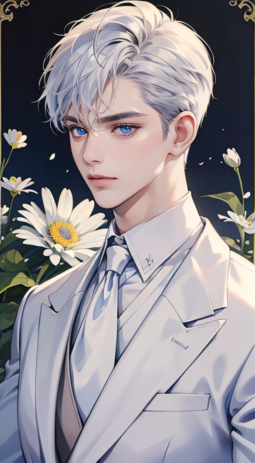 ((masterpiece)),(((best quality))), (detailed light) (detailed shadow), (high quality, breathtaking),(expressive eyes, perfect face), 1man, solo, male, tall, (mature), board shoulder, muscular, short Platinum hair, side swep bangs, blue eyes, smiling, white suit, white tie, daisy flower background, flower petal flying, windy, look at viewer, one ear earing.