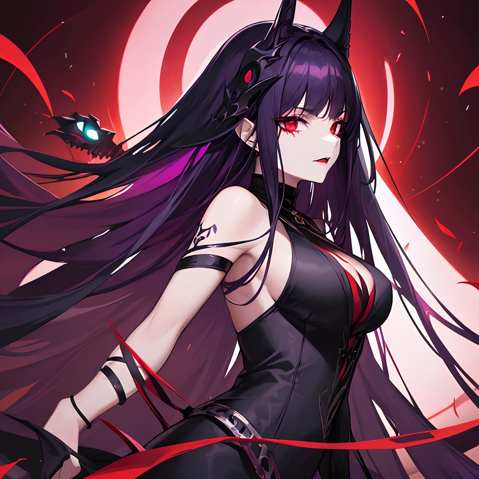 Woman, long dark purple hair, red eyes with a bright light, black long dress, witch, silver jewelry in the shape of ribs, metal mask on half of the face, snake tattoo, dark background, black lipstick