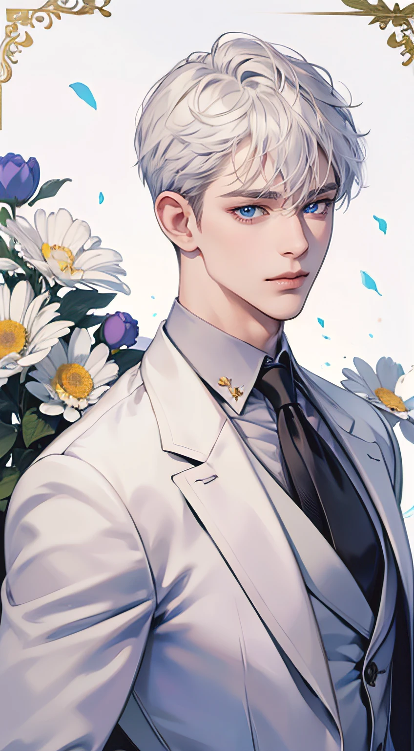 ((masterpiece)),(((best quality))), (detailed light) (detailed shadow), (high quality, breathtaking),(expressive eyes, perfect face), 1man, solo, male, tall, (mature), board shoulder, muscular, short Platinum hair, side swep bangs, blue eyes, smiling, white suit, white tie, daisy flower background, flower petal flying, windy, look at viewer, one ear earing.