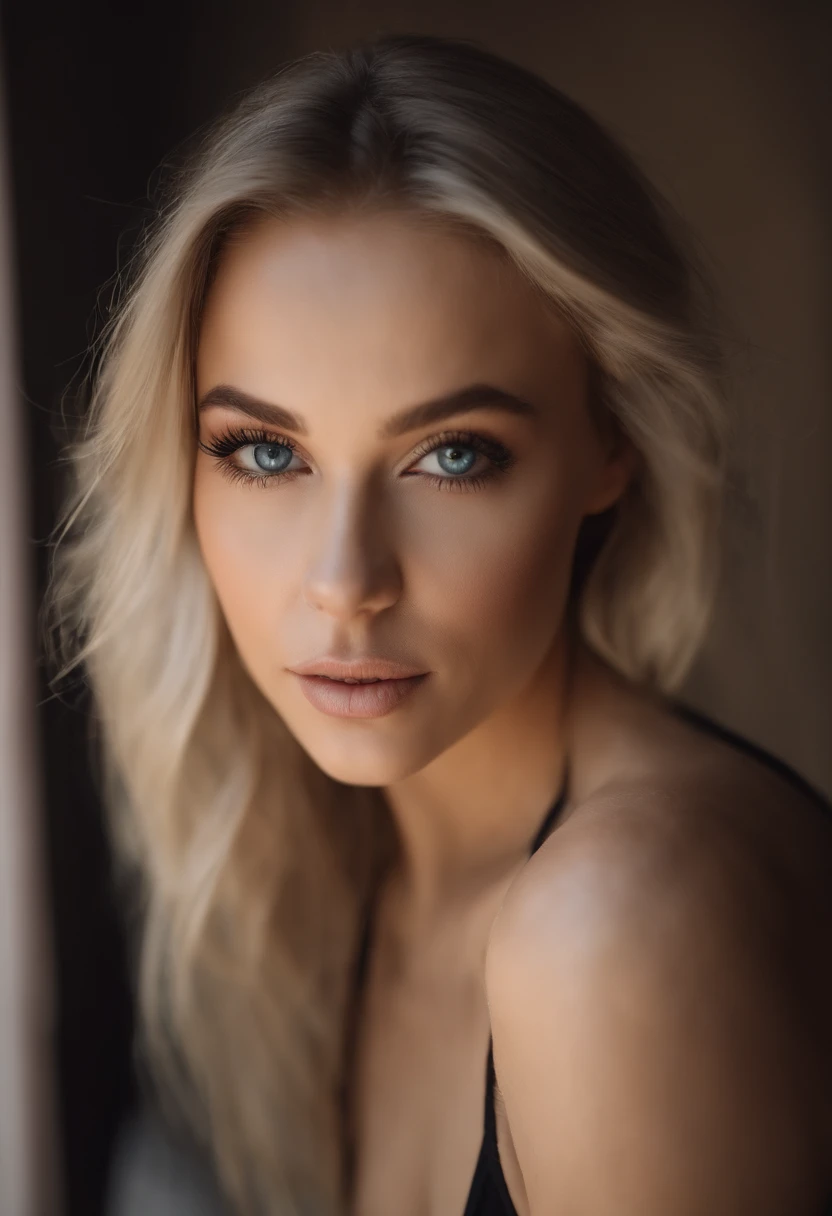 oman with matching tank top and panties, fille sexy aux yeux bleus, Portrait Sophie Mudd, Portrait de Corinna Kopf, cheveux blonds et grands yeux, selfie of a young woman, ohne Maquillage, maquillage naturel, Look directly into the camera, Visage avec Artgram, dezentes Maquillage, Superbe photo du corps entier, dans la chambre, gros seins, Blonde, Latin