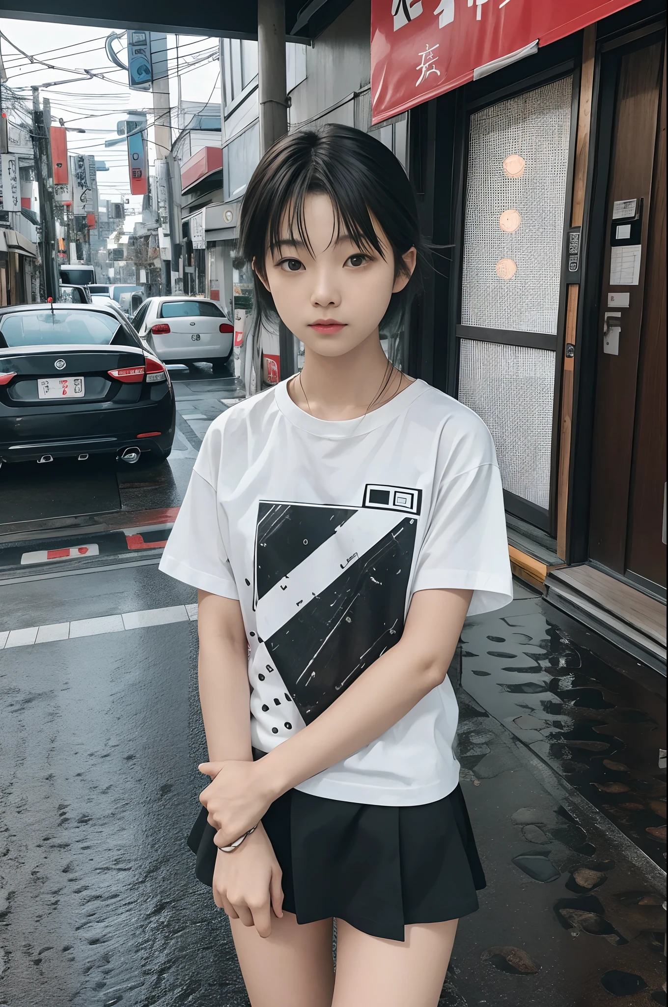 photographed:Araki Shigenobu, Rain with cool black and white t-shirt design and serial experience Japan teenage girl, Text Says: 「September 21」, typographic「September 21」で、Place the glue on the sides and bottom of the square screen. , high detailing, 8K, on tokyo street, high details, FUJIFILM New RX