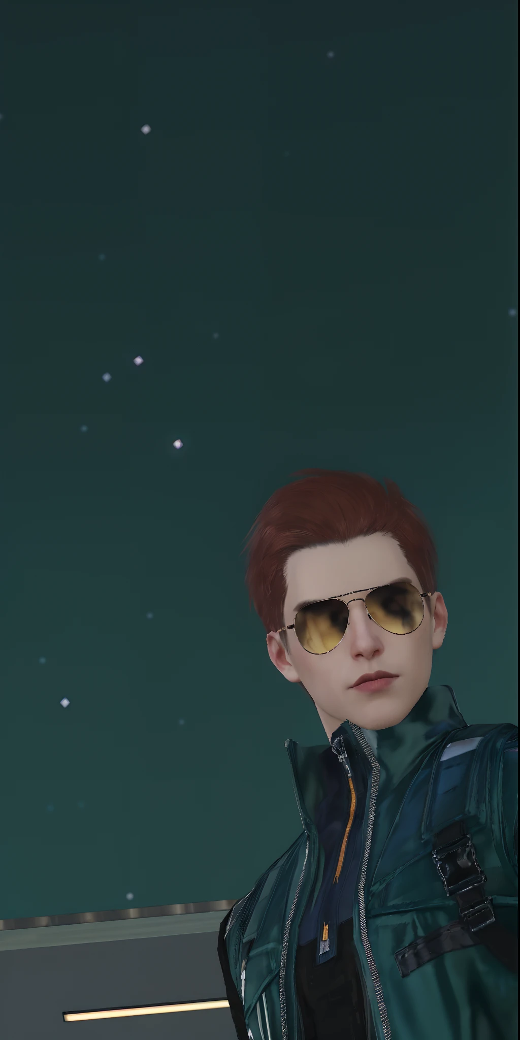 a close up of a person in a jacket and sunglasses, cyberpunk street goon, kakyoin, in game, cinematic full character, mechanic punk outfit, jetstream sam from metal gear, in a dark space mercenary outfit, male character, in cyber punk 2077, he wears an eyepatch, male with halo, wearing an eyepatch, teal uniform