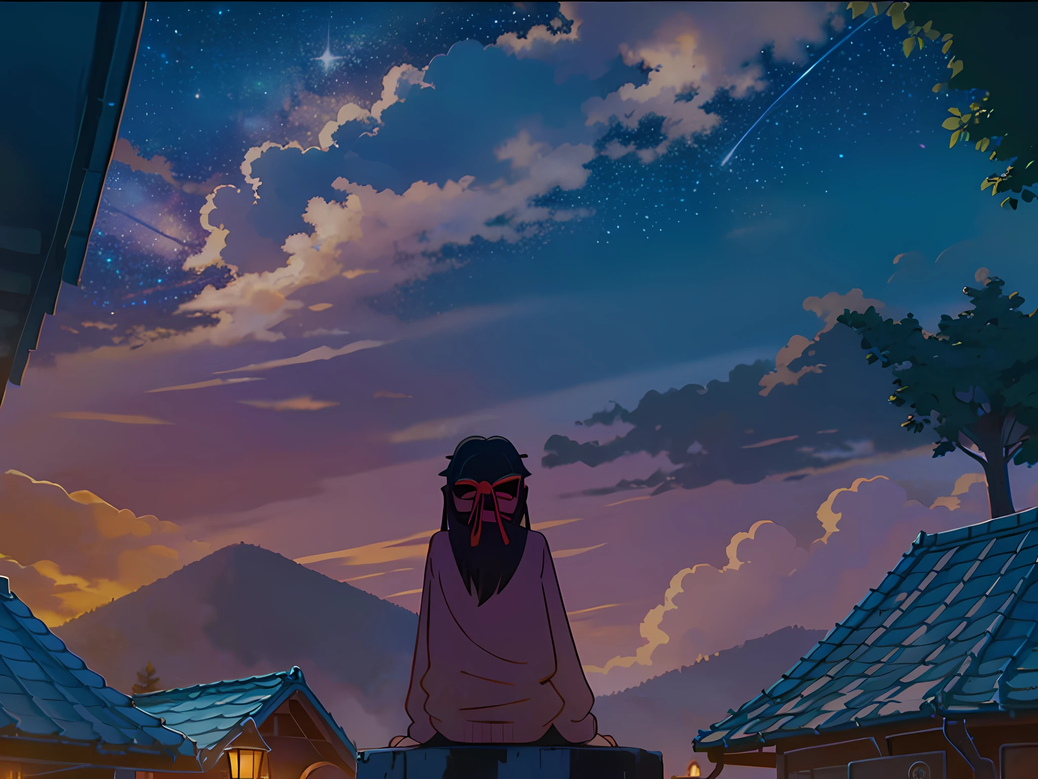 1 girl,octans, sky, star (sky), scenery, starry sky, night, 1girl, night sky, solo, outdoors, building, cloud, milky way, sitting, tree, long hair, city, silhouette, cityscape, looking at sky, 8k, beautiful night sky, ray tracing, masterpiece, cute face