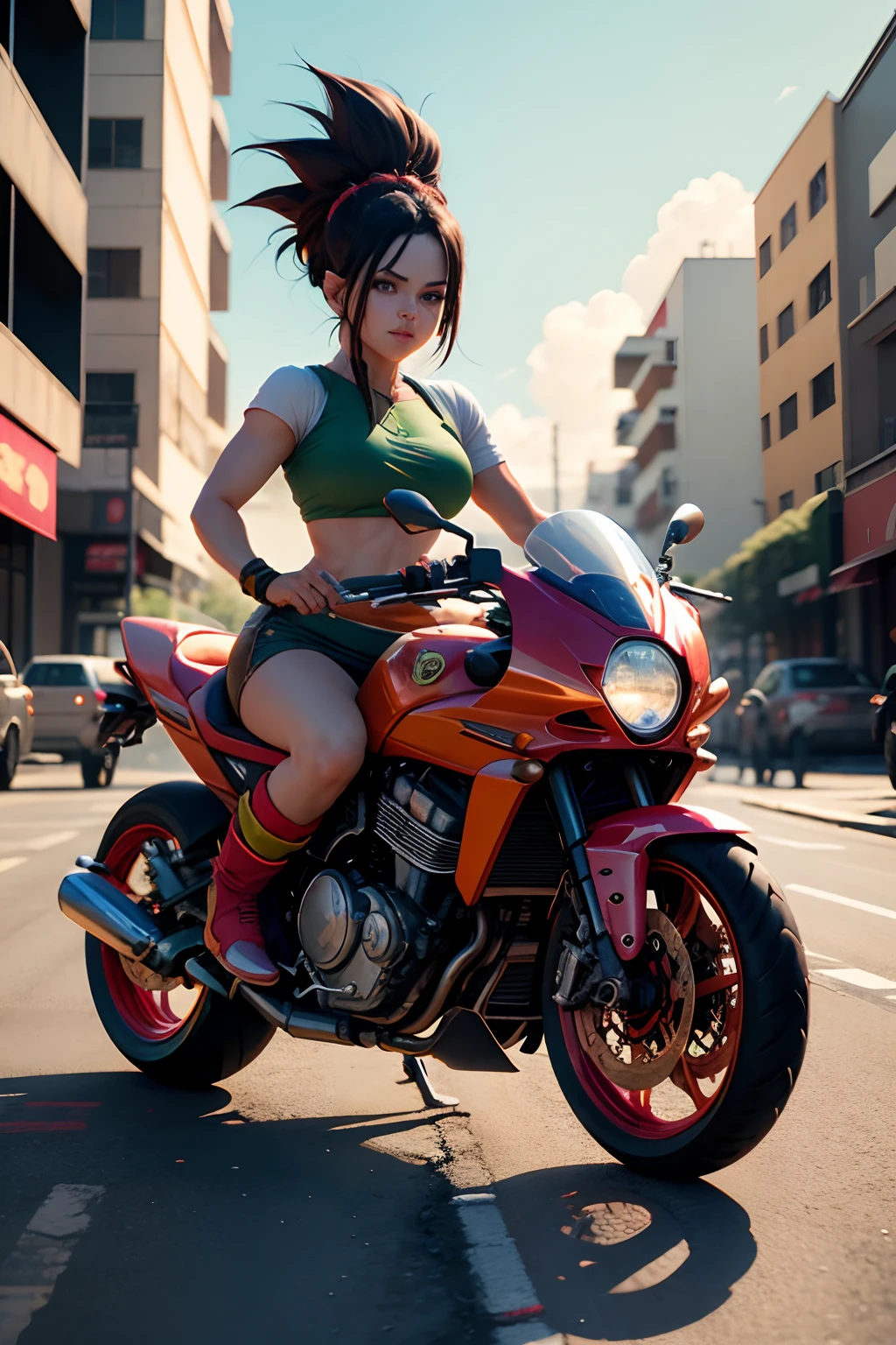 videl ,Dbz, dragon ball z, andando na rua, tomando sorvete, escutando musica , sol, realista,moto.