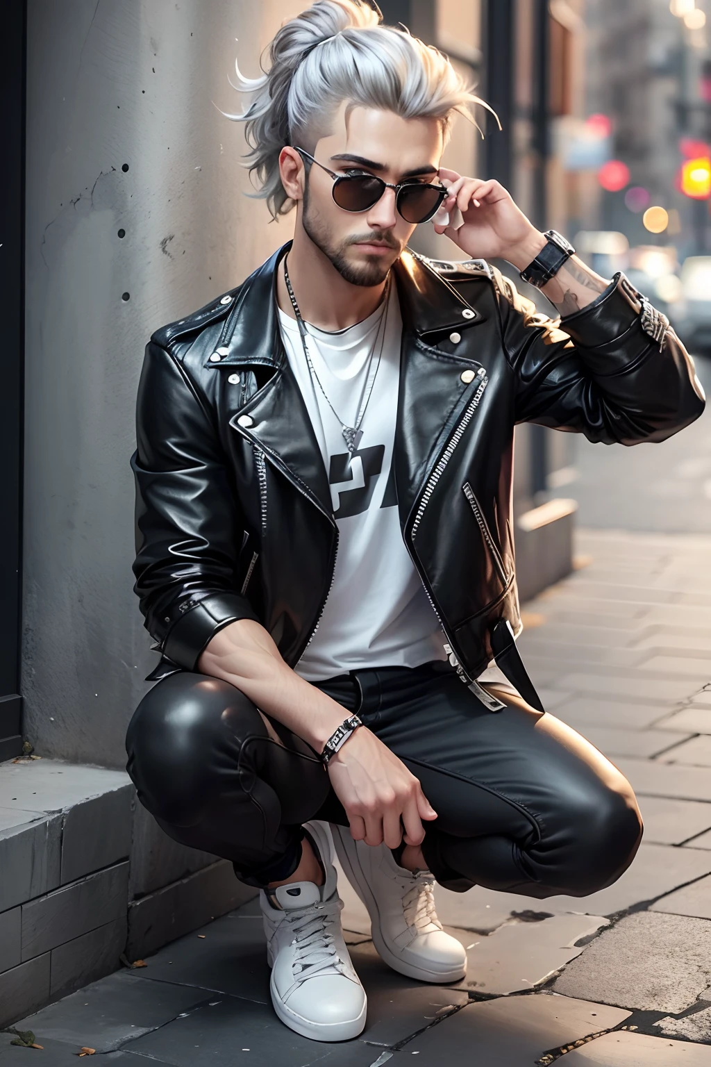 (8k photograph, Best quality, Mastery:1.2),(Realistic, photo-realistic:1.37) 年轻,cool guy,Mark Tuan,Got7,white skinned,Detal Face,Gray eyes,White hair,massive bulge,Bare topless,Bare underwear,Tong,bad boy, The Yakuza,Tattooed with,There are a lot of gangster night cities in the background,actionpose,skull earrings,choker necklace,Full body photo,tattooed, with leather pants and blazer on his shoulders, with bandages on arms