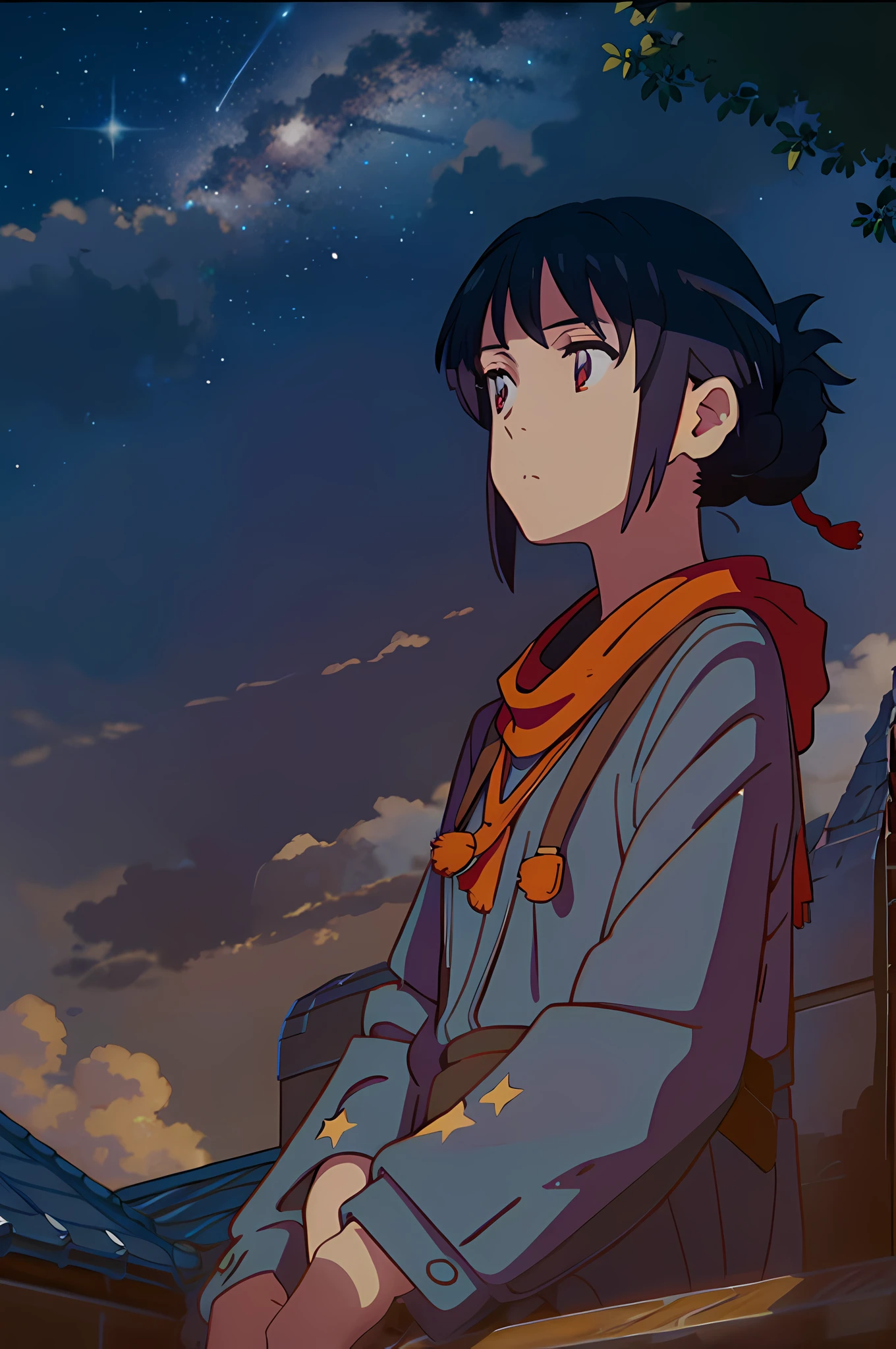 1 girl,octans, sky, star (sky), scenery, starry sky, night, 1girl, night sky, solo, outdoors, building, cloud, milky way, sitting, tree, long hair, city, silhouette, cityscape, looking at sky, 8k, beautiful night sky, ray tracing, masterpiece, cute face