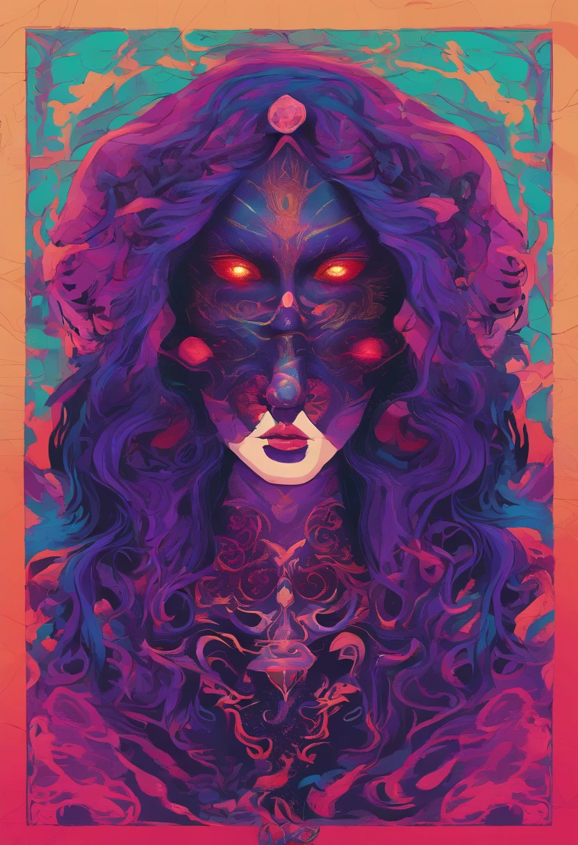 Woman, long dark purple hair, red eyes with a bright light, black long dress, witch, silver jewelry in the shape of ribs, metal mask on half of the face, snake tattoo, dark background, black lipstick