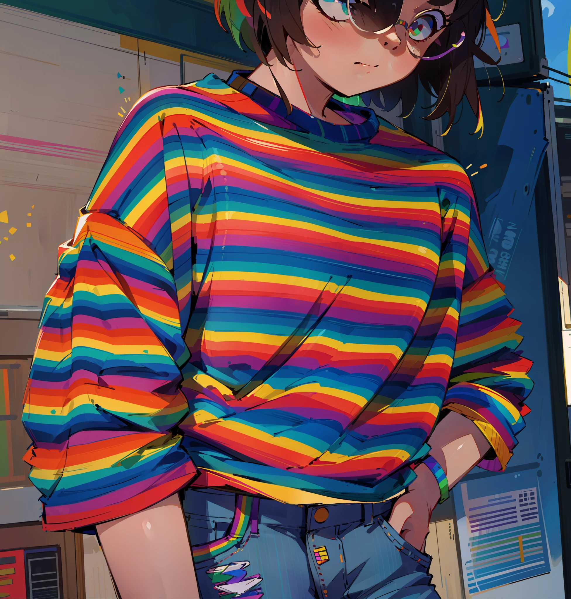 a woman wearing a rainbow striped shirt and jeans standing outside, rainbow clothes, colorful fashion, multi colored, colorful aesthetic, colorful outfit, multicolored, colorful clothes, colorful clothing, rainbow colored, colourful clothes, colorful, striped shirt, colorful]”, rainbow neon strips, colourful clothing, 90s style, rainbow colors, wearing stripe shirt, coloful