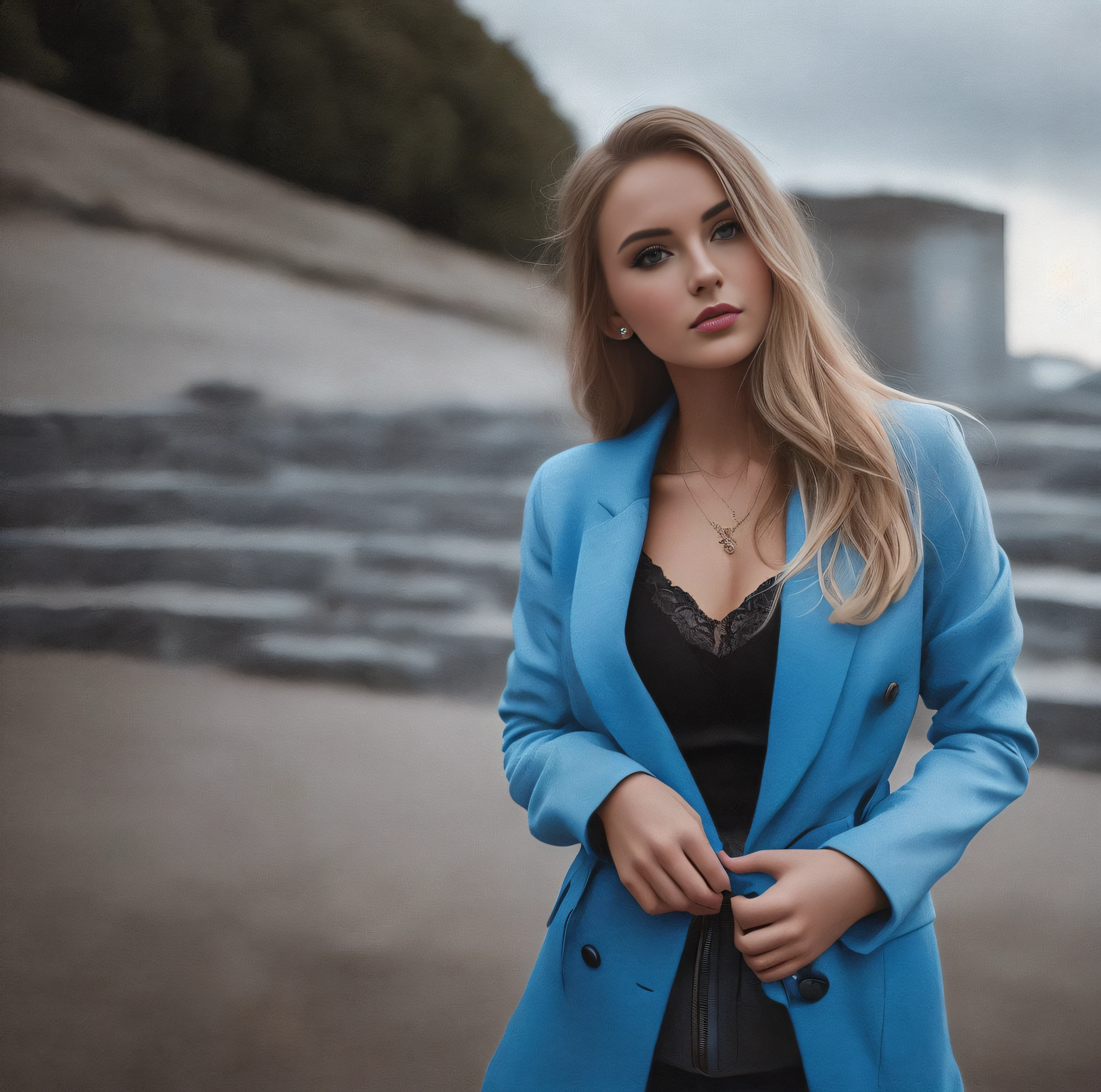 There is a woman in a blue jacket and a black top, in a blue jacket, girl in suit, in a blue jacket, blue jacket, girl in suit, Blue Outfit, Dressed in blue, blue coat, anna nikonova aka newmilky, yelena belova, jovana rikalo, aleksandra waliszewska, blue toned