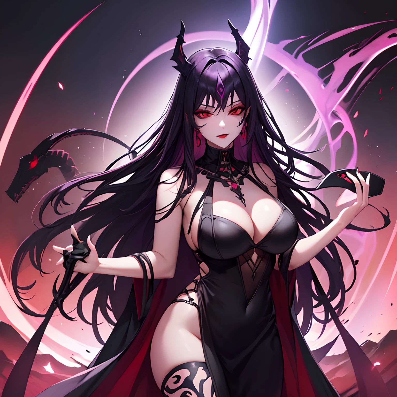 Woman, long dark purple hair, red eyes with a bright light, black long dress, witch, silver jewelry in the shape of ribs, metal mask on half of the face, snake tattoo, dark background, black lipstick