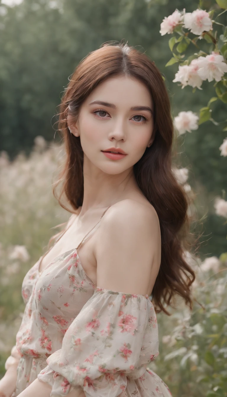 ((Best quality, 8K, Masterpiece: 1.3)), 1girll, Slender beauty: 1.3, (Long hair: 1.2), Floral dress, Long legs: 1.1, Super fine face, Fine eyes, Double eyelids, En plein air