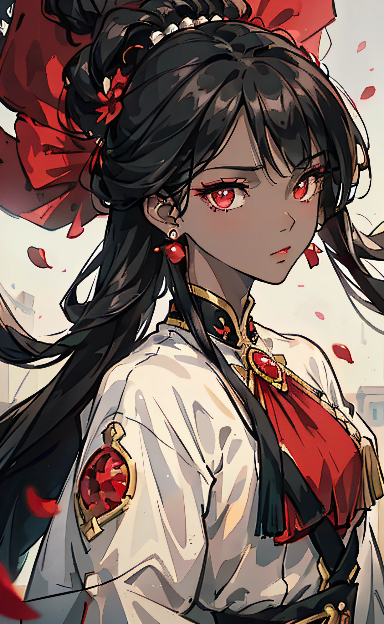 Mature girl, black hair color, black skin tone, red eyes, floating hair, delicate and smart eyes, soldier outfit, gorgeous accessories, wearing pearl earrings, FOV, f/1.8, masterpiece, complex scene, petals flying, front portrait shot, side lighting