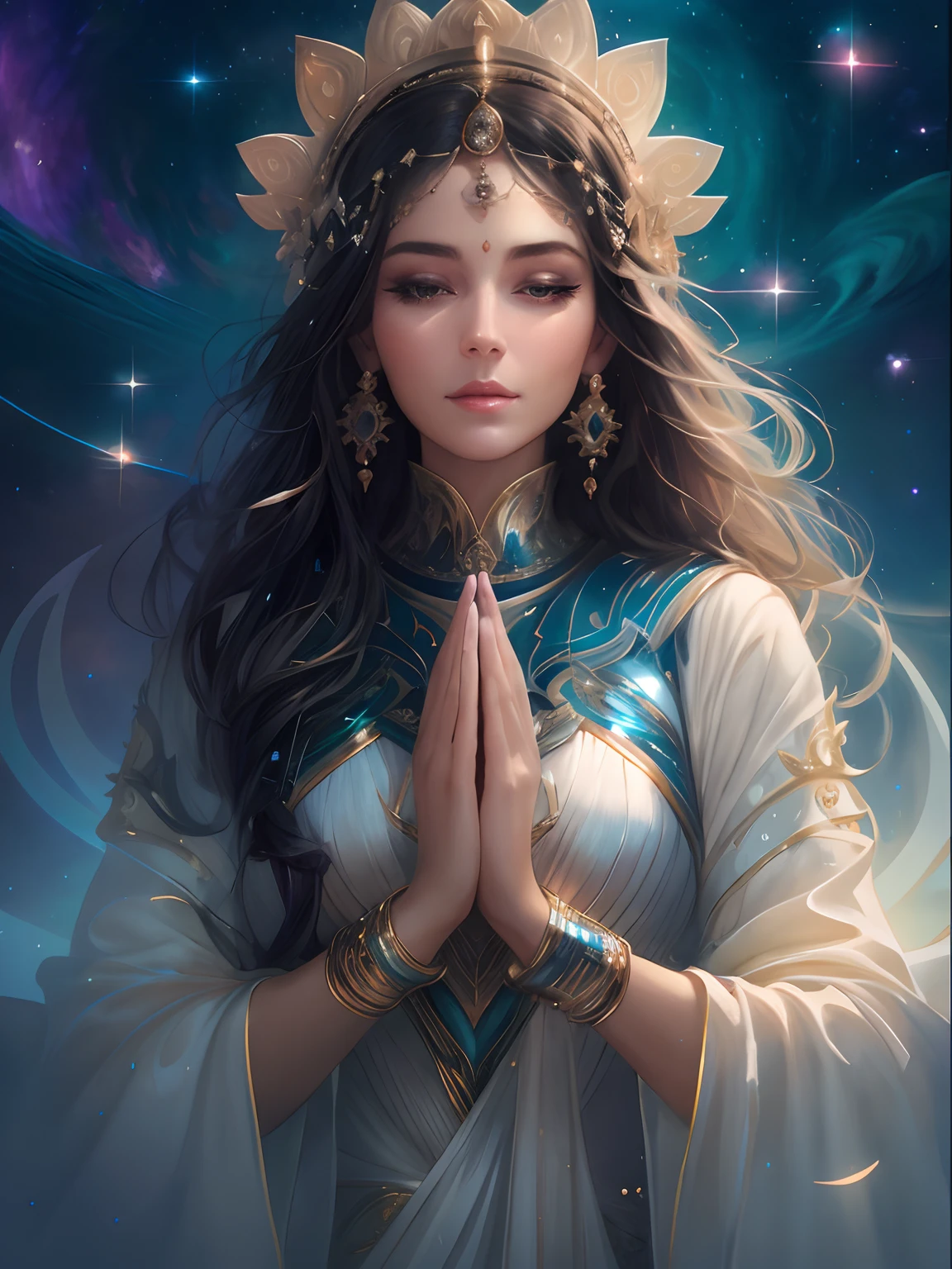 a close up of a woman in a white dress with a crown on her head, goddess portrait, artgerm julie bell beeple, beautiful celestial mage, goddess close-up portrait, a stunning portrait of a goddess, goddess. extremely high detail, portrait of a beautiful goddess, celestial goddess, elfic priestess, neoartcore and charlie bowater
