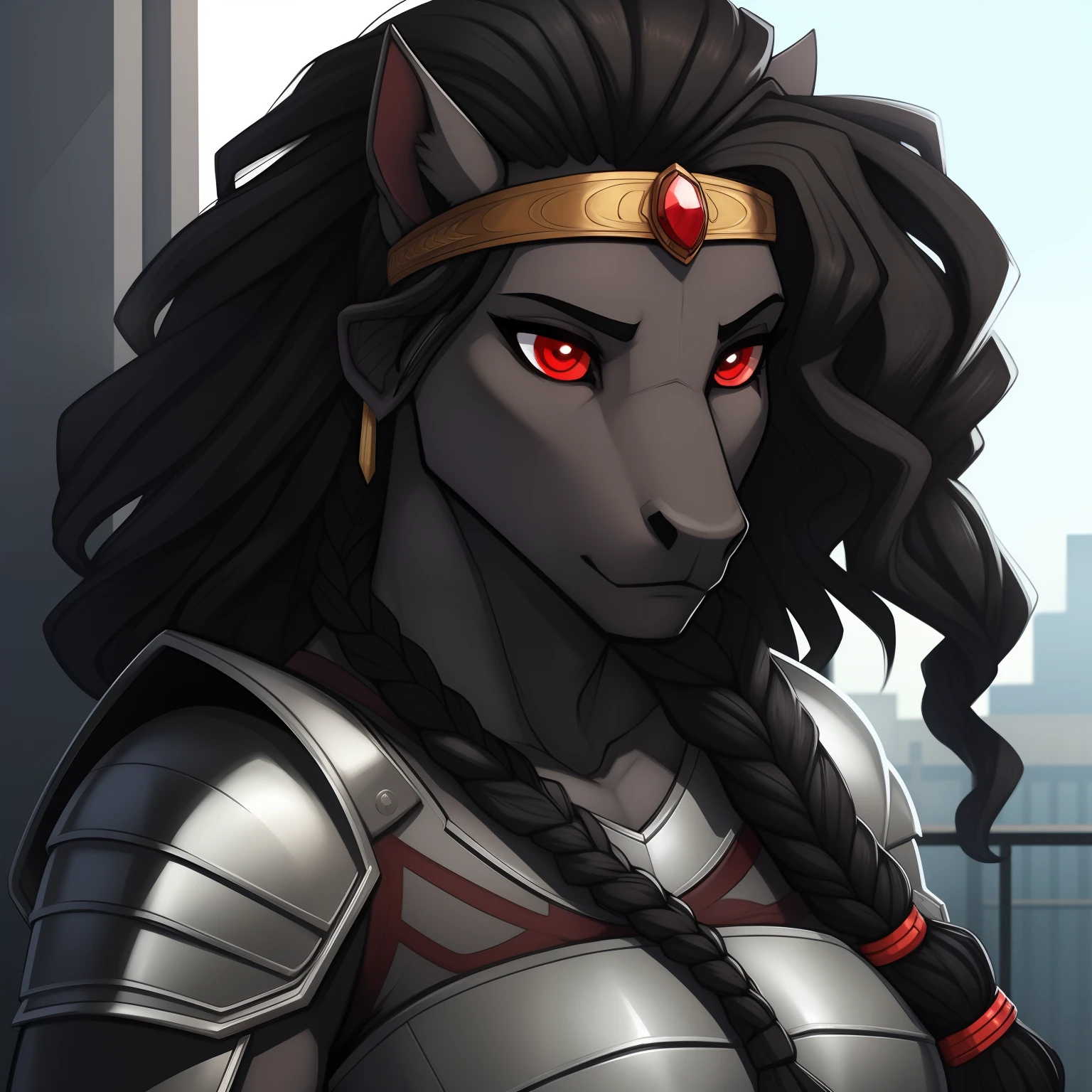 Lanky_muscular_mature_horse female black_hair short_braided_wavy_hair charcoal_gray_furry_body red_eyes slit_pupils dark_gray_scarred_body heavy_steel_plate_armor thick_steel_circlet solo Masterpiece best_quality absurdres highly_detailed cleanly_drawn_eyes anthro_only by_claweddrip, by_greasymojo, by_underscore-b, by_runawaystride