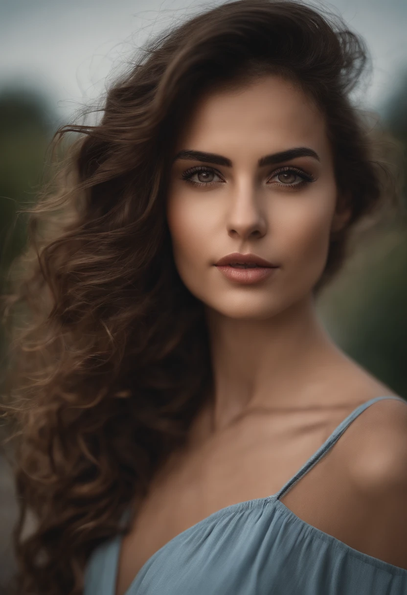 (Scharfer Fokus:1.2), Foto, Attractive young turkish woman, (Beautiful face:1.1), Detaillierte Augen, luscious lips, (Katzenaugen-Make-up:0.85), (largeeyes:1.0), (toned body:1.2), (lockiges Haar:1.2), (big booty:1.4), tragend (brechen:1.2) auf einem (Feldweg:1.2). (Stimmungsvolle Beleuchtung:1.2), Depth of field, bokeh, 4K, HDR. bis (Jakob C. Christensen:1.2|Jeremy Lipking:1.1).