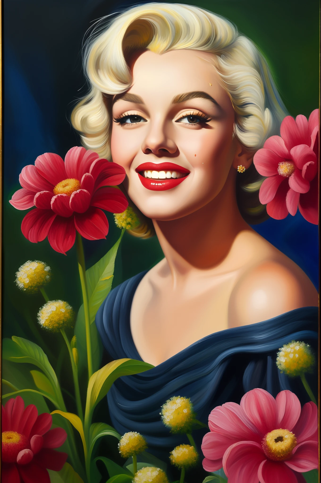 (masterpiece), (best quality: 1.1), (ultra-detailed), best illustration, finely detailed, (oil painting: 1.4), (hand-painted: 1.2), (oil paint brush hair), bouquet consisting of field flowers, artistic portrait painting of Marilyn Monroe, bare shoulder. A close up of beautiful face painting, detailed eyes, gentle smile.