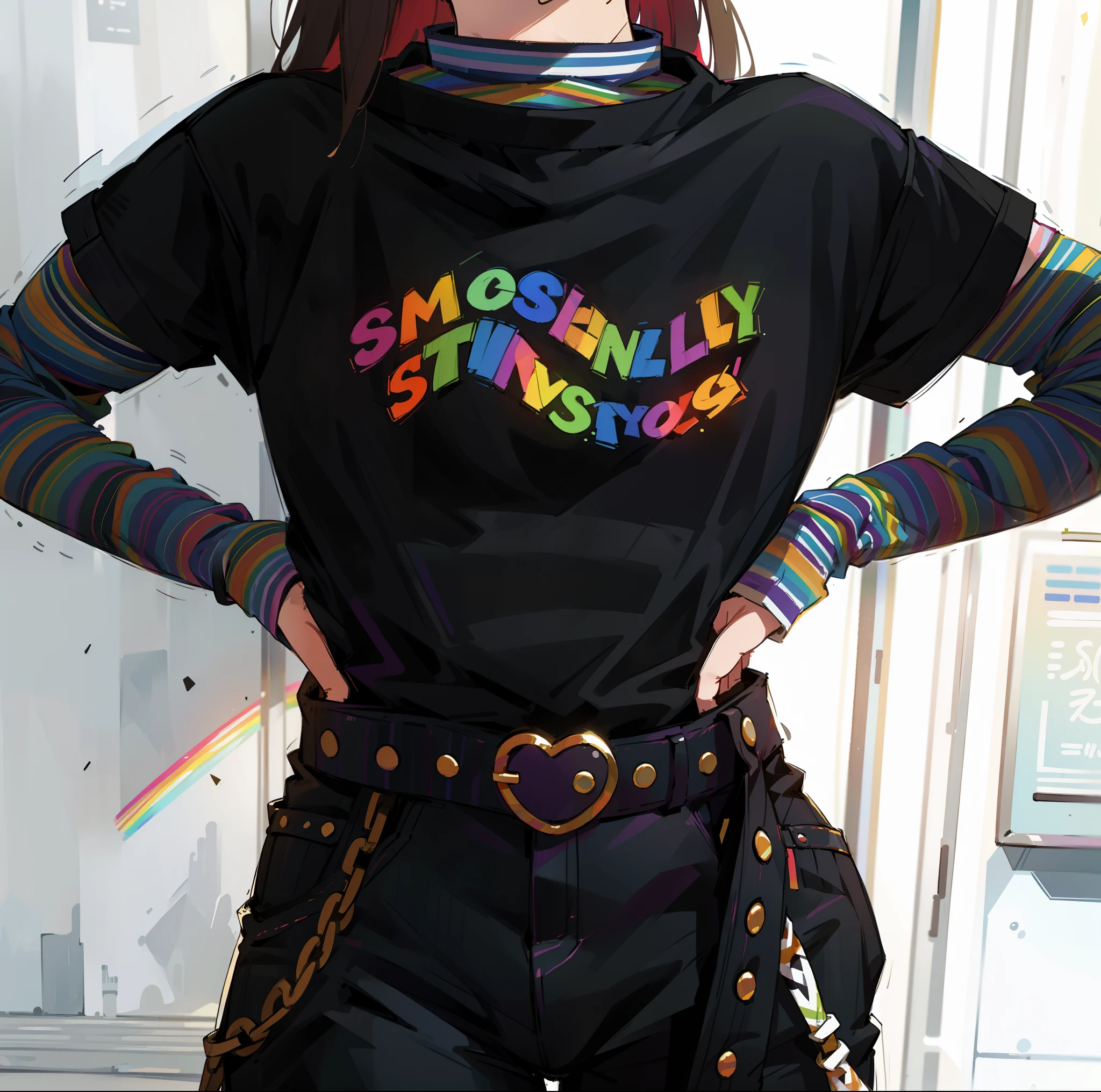 a woman wearing a rainbow striped shirt and jeans standing outside, rainbow clothes, colorful fashion, multi colored, colorful aesthetic, colorful outfit, multicolored, colorful clothes, colorful clothing, rainbow colored, colourful clothes, colorful, striped shirt, colorful]”, rainbow neon strips, colourful clothing, 90s style, rainbow colors, wearing stripe shirt, coloful