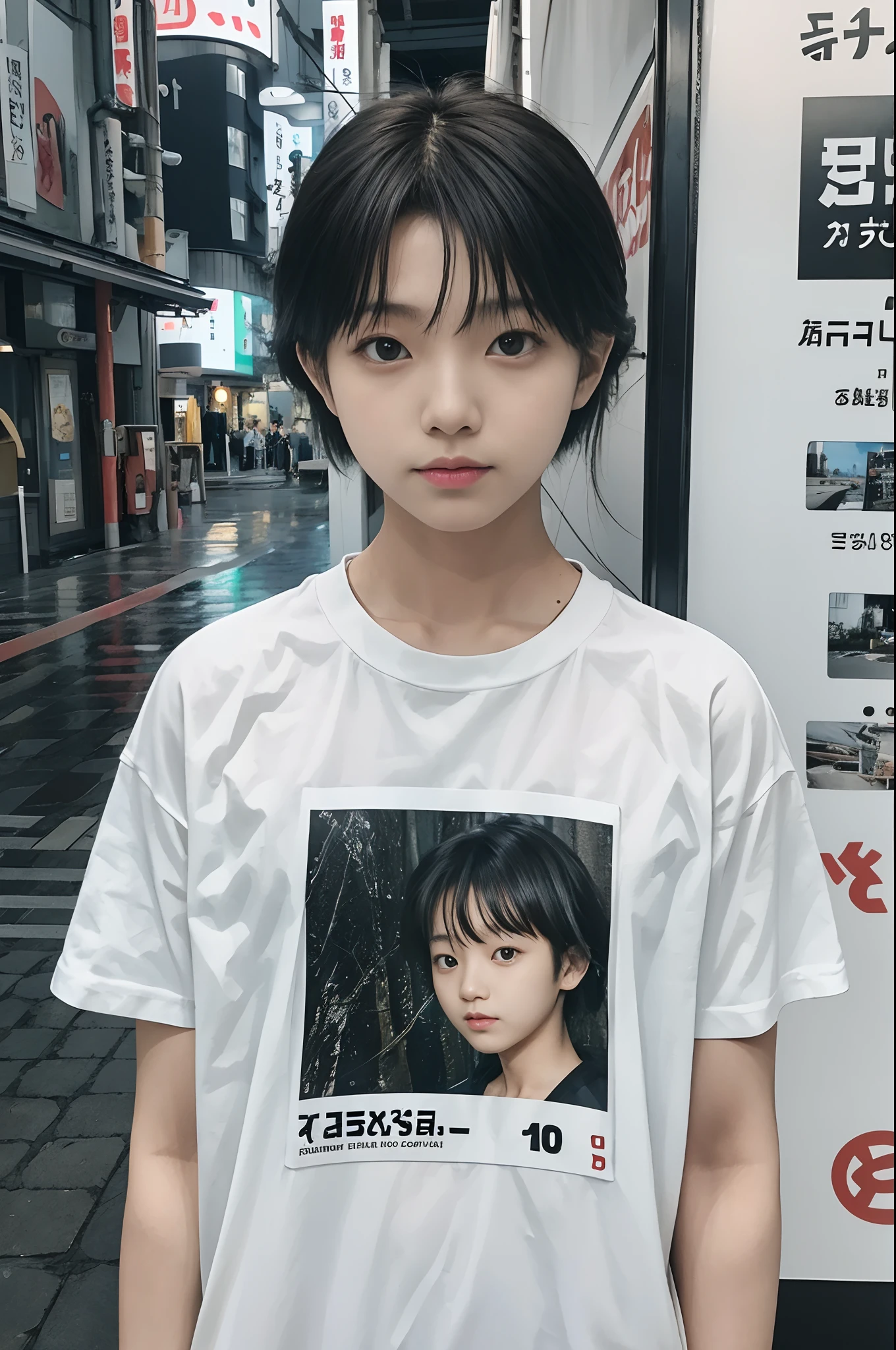 photographed:Araki Shigenobu, Rain with cool black and white t-shirt design and serial experience Japan teenage girl, Text Says: 「September 21」, typographic「September 21」で、Place the glue on the sides and bottom of the square screen. , high detailing, 8K, on tokyo street, high details, FUJIFILM New RX