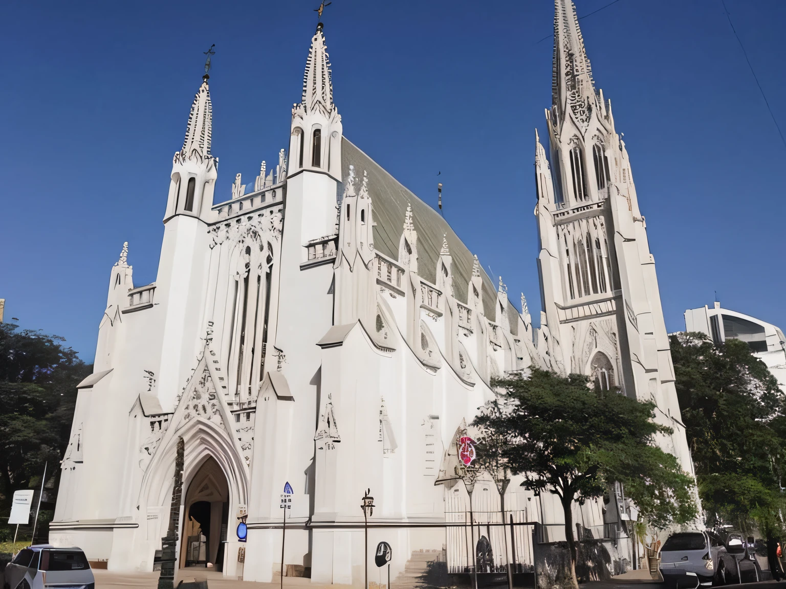 White church of Arafed with belfry and towers on a clear day, catedral da igreja, catedral, alabaster gothic cathedral, gothic cathedral, Igreja Marilyn H, catedral!!!!!, Catedrais, São Paulo, neo - gothic architecture, Asymmetrical pinnacles, gothic revival, inspiring gothic architecture, In Sao Paulo, gothic architecture, santo, Igrejas, scary gothic architecture, very long spires