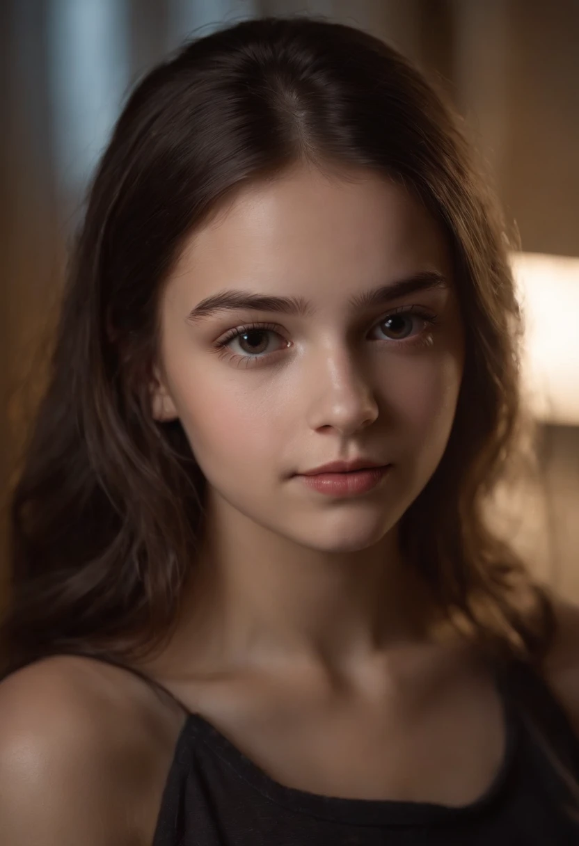 Portrait of a cute 15-year-old girl with a perfect and beautiful face, rusa, sin bragas, en la cama (estudio privado oscuro, oscuro, Atmospheric Light: 1.2)