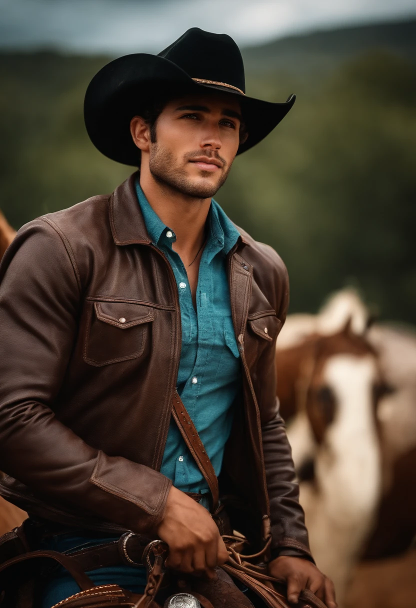 Portrait of a handsome 27-year-old rodeo rider with a perfect, beautiful face, brasileiro, em cima de um touro ( em uma arena de rodeio, )