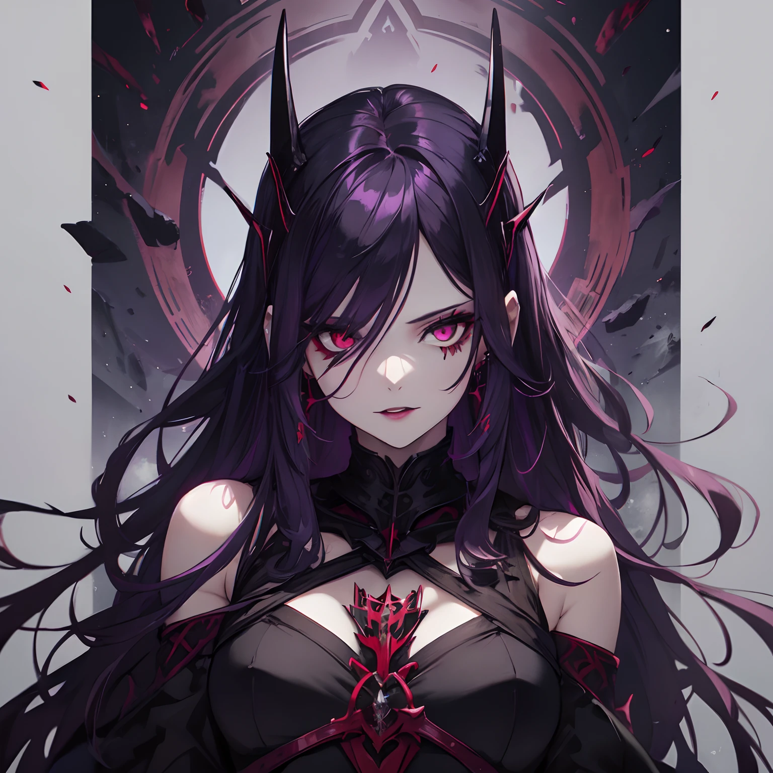 Woman, long dark purple hair, red eyes with a bright light, black long dress, witch, silver jewelry in the shape of ribs, metal mask on half of the face, snake tattoo, dark background, black lipstick