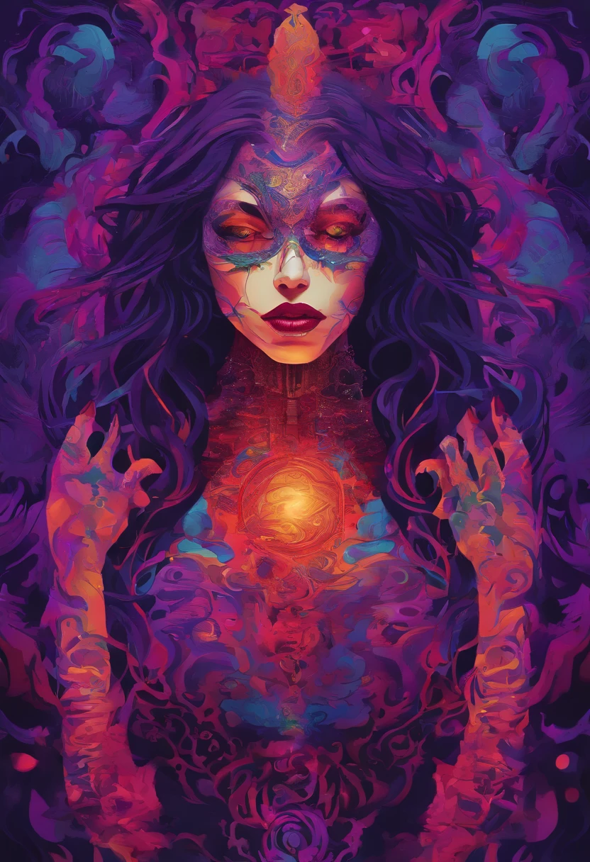 Woman, long dark purple hair, red eyes with a bright light, black long dress, witch, silver jewelry in the shape of ribs, metal mask on half of the face, snake tattoo, dark background, black lipstick