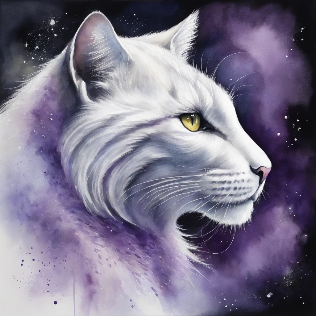 Khajiit, white fur with ghostly purple swirls, mist-like robe, ghostly and eerie in the dark, masterpiece, best quality