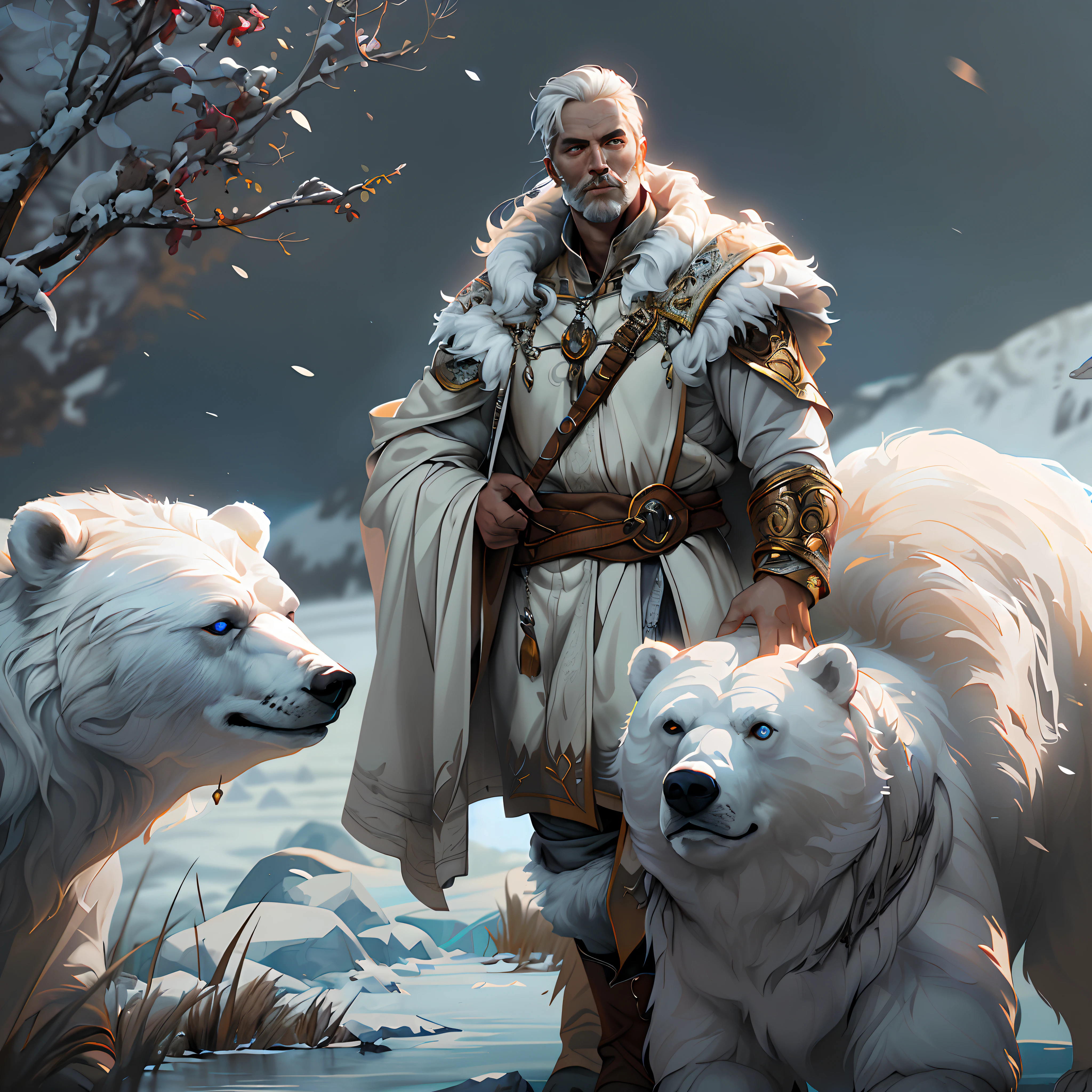high details, best quality, 8k, [ultra detailed], masterpiece, best quality, (extremely detailed), dynamic angle, ultra wide shot, RAW, photorealistic, fantasy art, dnd art, rpg art, realistic art, a wide angle picture of a male human druid (1.5 intricate details, Masterpiece, best quality) and his pet white bear, priest of nature, cleric of nature, dnd druid, full body, [[anatomically correct]], dynamic position (1.5 intricate details, Masterpiece, best quality) talking to a white bear, polar bear (1.6 intricate details, Masterpiece, best quality) in arctic tundra, trees with snows, half frozen river, snow (1.5 intricate details, Masterpiece, best quality), a male wearing fur clothes (1.4 intricate details, Masterpiece, best quality), fur boots, thick hair, long hair, blond hair, pale skin intense fair eyes, arctic background (intense details), dynamic light, dynamic angle, (1.4 intricate details, Masterpiece, best quality) 3D rendering, high details, best quality, highres, ultra wide angle