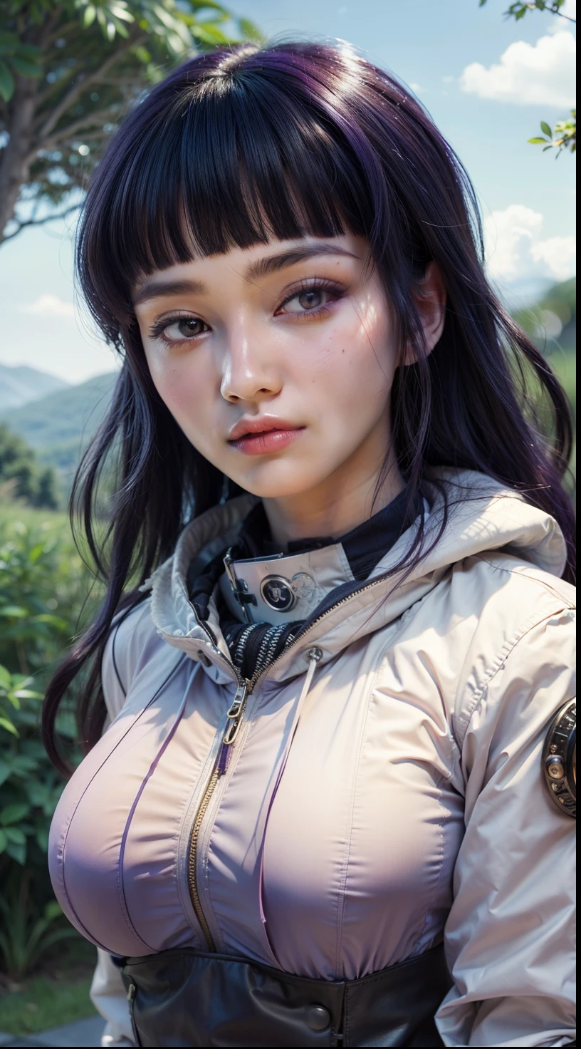 High quality image, masterpiece, detailed hair texture, detailed skin texture, detailed cloth texture, 8k, ultra detailed skin texture, skin pores, portrait of a woman, purple eyes, purple hair