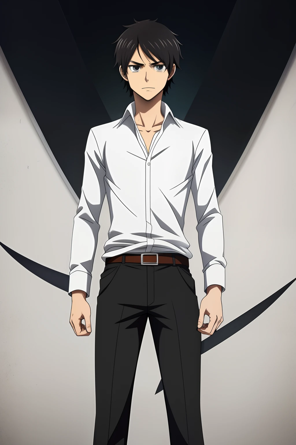 masterpiece, best quality, high quality, 1boy, solo, male focus, looking at viewer, white shirt, black pants, the whole body, eren_yeager, --auto