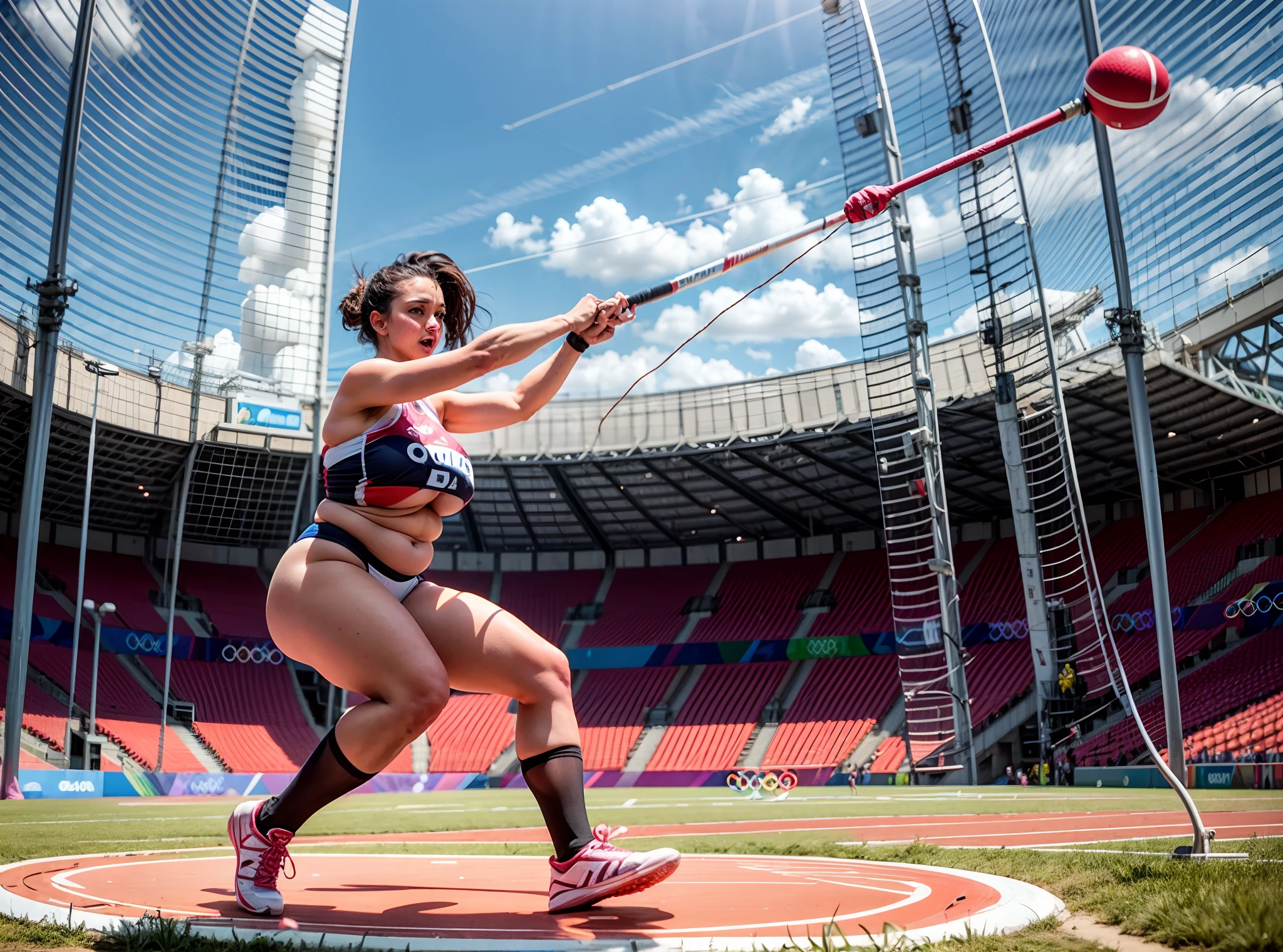 chubby black athlete performing hammer throw event at the olympic stadium, exposed (huge erect futanari genitalia), saggy breast, plump body, olympic stadium is sold-out, add_detail:1, olympic event ,  ('hammer' is indeed a metal ball attached by a steel wire to a grip), stunning image, underboobs, big saggy boobs, heavy boobs, けもの, olympic event, olympic stadium in 1984, background off-focus, add_detail:1