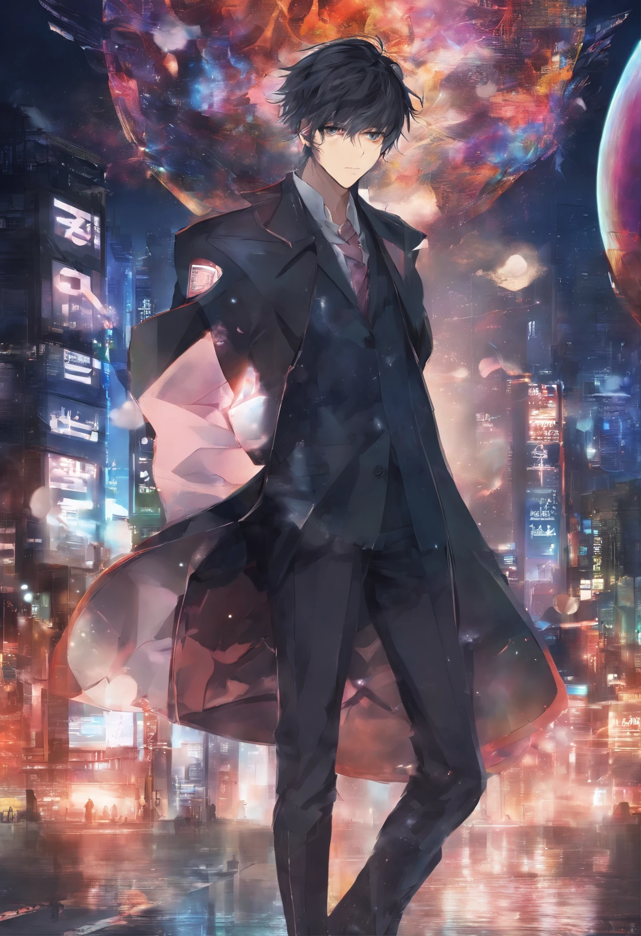 Anime male protagonist. Mysterious and enigmatic, . Unique and original, . Unconventional and non-conformist, . Ambitious and visionary, . Sophisticated and refined;, . Impressive and imposing, . Calm and composed, . Serious and reserved, . Silent and reserved) hyper detail, high resolution, super detail, best quality, amazing, top quality, extremely detailed CG Unity 8k wallpaper, cinematic lighting, cyberpunk, dark boy,